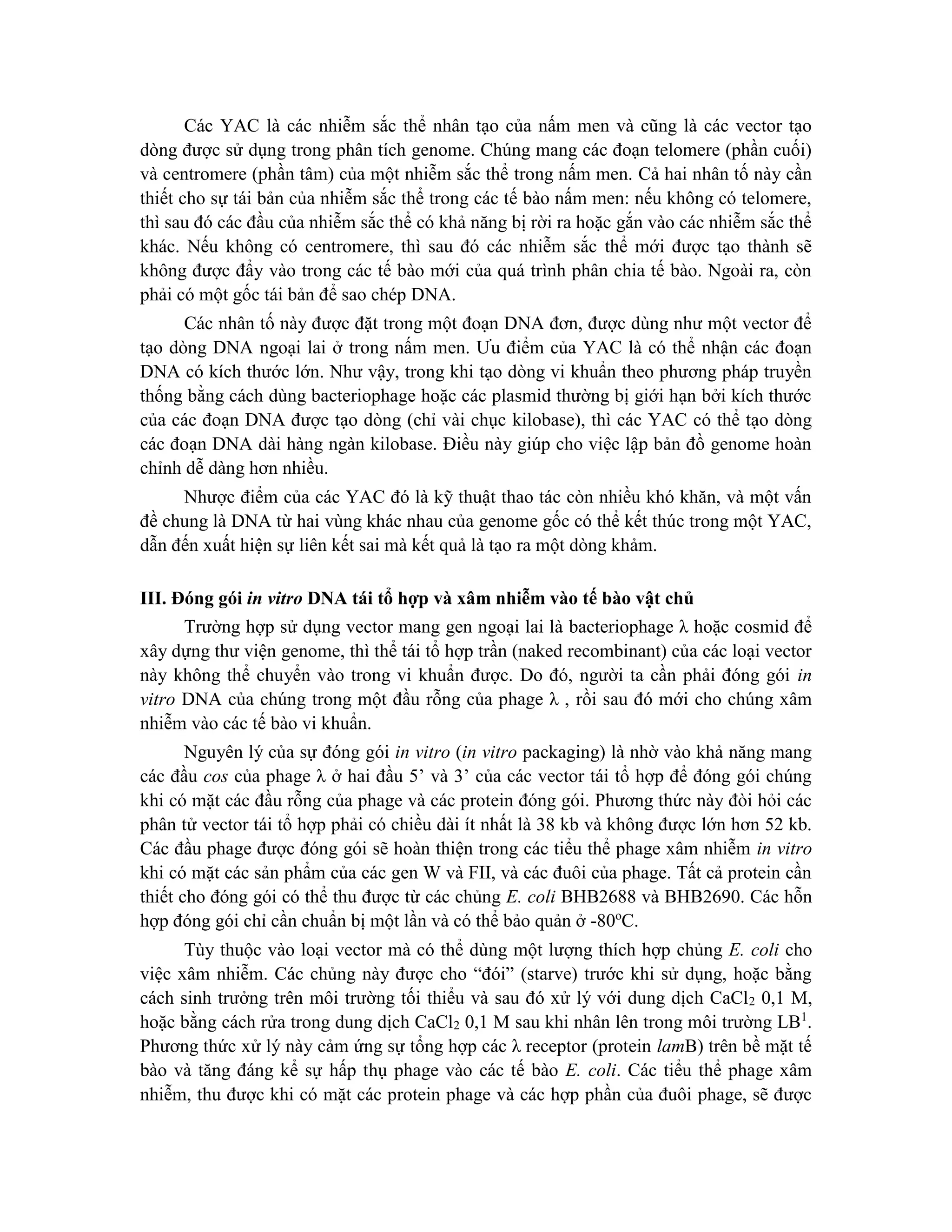 Các YAC là các nhiễm sắc thể nhân tạo của nấm men và cũng là các vector tạo
dòng được sử dụng trong phân tích genome. Chúng mang các đoạn telomere (phần cuối)
và centromere (phần tâm) của một nhiễm sắc thể trong nấm men. Cả hai nhân tố này cần
thiết cho sự tái bản của nhiễm sắc thể trong các tế bào nấm men: nếu không có telomere,
thì sau đó các đầu của nhiễm sắc thể có khả năng bị rời ra hoặc gắn vào các nhiễm sắc thể
khác. Nếu không có centromere, thì sau đó các nhiễm sắc thể mới được tạo thành sẽ
không được đẩy vào trong các tế bào mới của quá trình phân chia tế bào. Ngoài ra, còn
phải có một gốc tái bản để sao chép DNA.
Các nhân tố này được đặt trong một đoạn DNA đơn, được dùng như một vector để
tạo dòng DNA ngoại lai ở trong nấm men. Ưu điểm của YAC là có thể nhận các đoạn
DNA có kích thước lớn. Như vậy, trong khi tạo dòng vi khuẩn theo phương pháp truyền
thống bằng cách dùng bacteriophage hoặc các plasmid thường bị giới hạn bởi kích thước
của các đoạn DNA được tạo dòng (chỉ vài chục kilobase), thì các YAC có thể tạo dòng
các đoạn DNA dài hàng ngàn kilobase. Điều này giúp cho việc lập bản đồ genome hoàn
chỉnh dễ dàng hơn nhiều.
Nhược điểm của các YAC đó là kỹ thuật thao tác còn nhiều khó khăn, và một vấn
đề chung là DNA từ hai vùng khác nhau của genome gốc có thể kết thúc trong một YAC,
dẫn đến xuất hiện sự liên kết sai mà kết quả là tạo ra một dòng khảm.
III. Đóng gói in vitro DNA tái tổ hợp và xâm nhiễm vào tế bào vật chủ
Trường hợp sử dụng vector mang gen ngoại lai là bacteriophage λ hoặc cosmid để
xây dựng thư viện genome, thì thể tái tổ hợp trần (naked recombinant) của các loại vector
này không thể chuyển vào trong vi khuẩn được. Do đó, người ta cần phải đóng gói in
vitro DNA của chúng trong một đầu rỗng của phage λ , rồi sau đó mới cho chúng xâm
nhiễm vào các tế bào vi khuẩn.
Nguyên lý của sự đóng gói in vitro (in vitro packaging) là nhờ vào khả năng mang
các đầu cos của phage λ ở hai đầu 5’ và 3’ của các vector tái tổ hợp để đóng gói chúng
khi có mặt các đầu rỗng của phage và các protein đóng gói. Phương thức này đòi hỏi các
phân tử vector tái tổ hợp phải có chiều dài ít nhất là 38 kb và không được lớn hơn 52 kb.
Các đầu phage được đóng gói sẽ hoàn thiện trong các tiểu thể phage xâm nhiễm in vitro
khi có mặt các sản phẩm của các gen W và FII, và các đuôi của phage. Tất cả protein cần
thiết cho đóng gói có thể thu được từ các chủng E. coli BHB2688 và BHB2690. Các hỗn
hợp đóng gói chỉ cần chuẩn bị một lần và có thể bảo quản ở -80o
C.
Tùy thuộc vào loại vector mà có thể dùng một lượng thích hợp chủng E. coli cho
việc xâm nhiễm. Các chủng này được cho “đói” (starve) trước khi sử dụng, hoặc bằng
cách sinh trưởng trên môi trường tối thiểu và sau đó xử lý với dung dịch CaCl2 0,1 M,
hoặc bằng cách rửa trong dung dịch CaCl2 0,1 M sau khi nhân lên trong môi trường LB1
.
Phương thức xử lý này cảm ứng sự tổng hợp các λ receptor (protein lamB) trên bề mặt tế
bào và tăng đáng kể sự hấp thụ phage vào các tế bào E. coli. Các tiểu thể phage xâm
nhiễm, thu được khi có mặt các protein phage và các hợp phần của đuôi phage, sẽ được
 