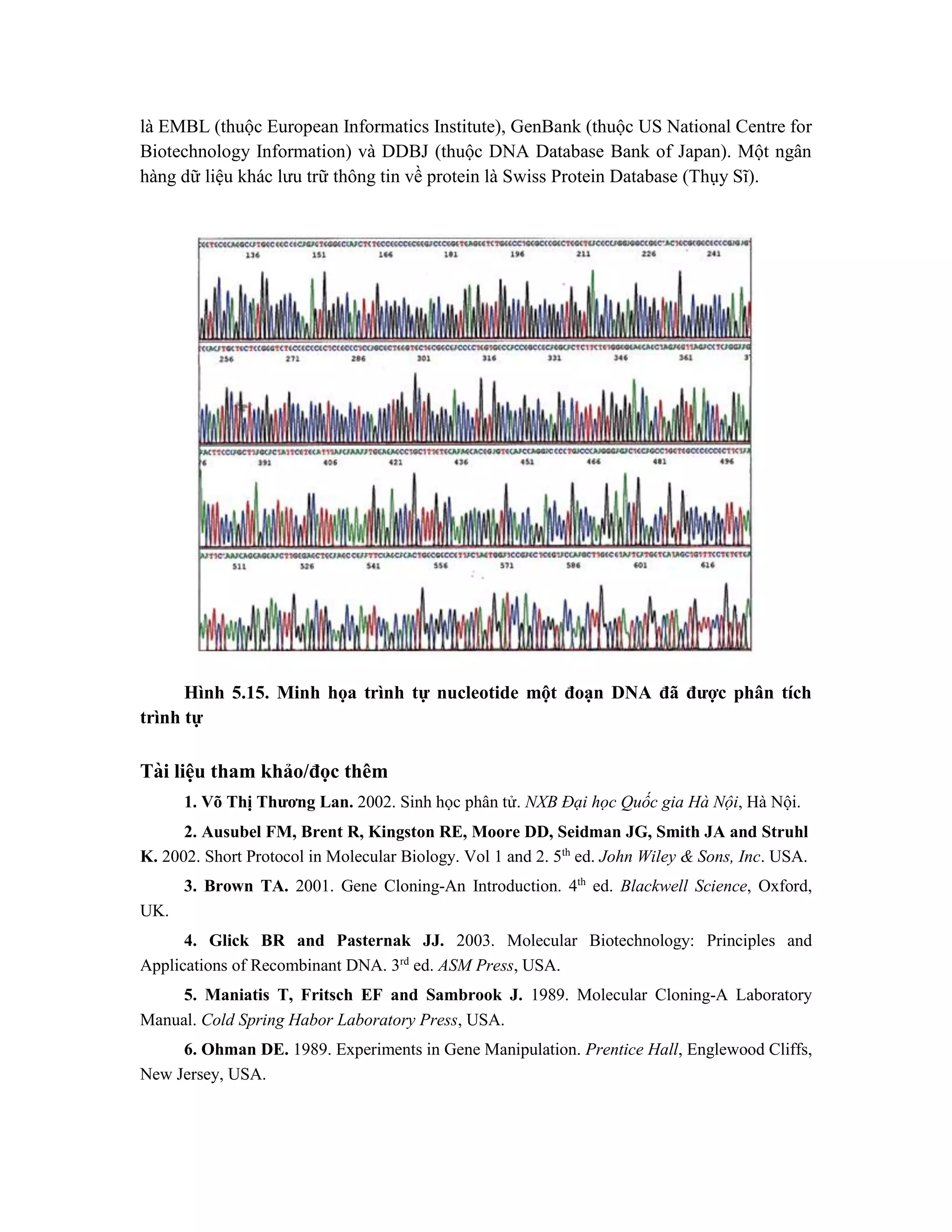 là EMBL (thuộc European Informatics Institute), GenBank (thuộc US National Centre for
Biotechnology Information) và DDBJ (thuộc DNA Database Bank of Japan). Một ngân
hàng dữ liệu khác lưu trữ thông tin về protein là Swiss Protein Database (Thụy Sĩ).
Hình 5.15. Minh họa trình tự nucleotide một đoạn DNA đã được phân tích
trình tự
Tài liê ̣
u tham khảo/đọc thêm
1. Võ Thị Thương Lan. 2002. Sinh học phân tử. NXB Đại học Quốc gia Hà Nội, Hà Nội.
2. Ausubel FM, Brent R, Kingston RE, Moore DD, Seidman JG, Smith JA and Struhl
K. 2002. Short Protocol in Molecular Biology. Vol 1 and 2. 5th
ed. John Wiley & Sons, Inc. USA.
3. Brown TA. 2001. Gene Cloning-An Introduction. 4th
ed. Blackwell Science, Oxford,
UK.
4. Glick BR and Pasternak JJ. 2003. Molecular Biotechnology: Principles and
Applications of Recombinant DNA. 3rd
ed. ASM Press, USA.
5. Maniatis T, Fritsch EF and Sambrook J. 1989. Molecular Cloning-A Laboratory
Manual. Cold Spring Habor Laboratory Press, USA.
6. Ohman DE. 1989. Experiments in Gene Manipulation. Prentice Hall, Englewood Cliffs,
New Jersey, USA.
 