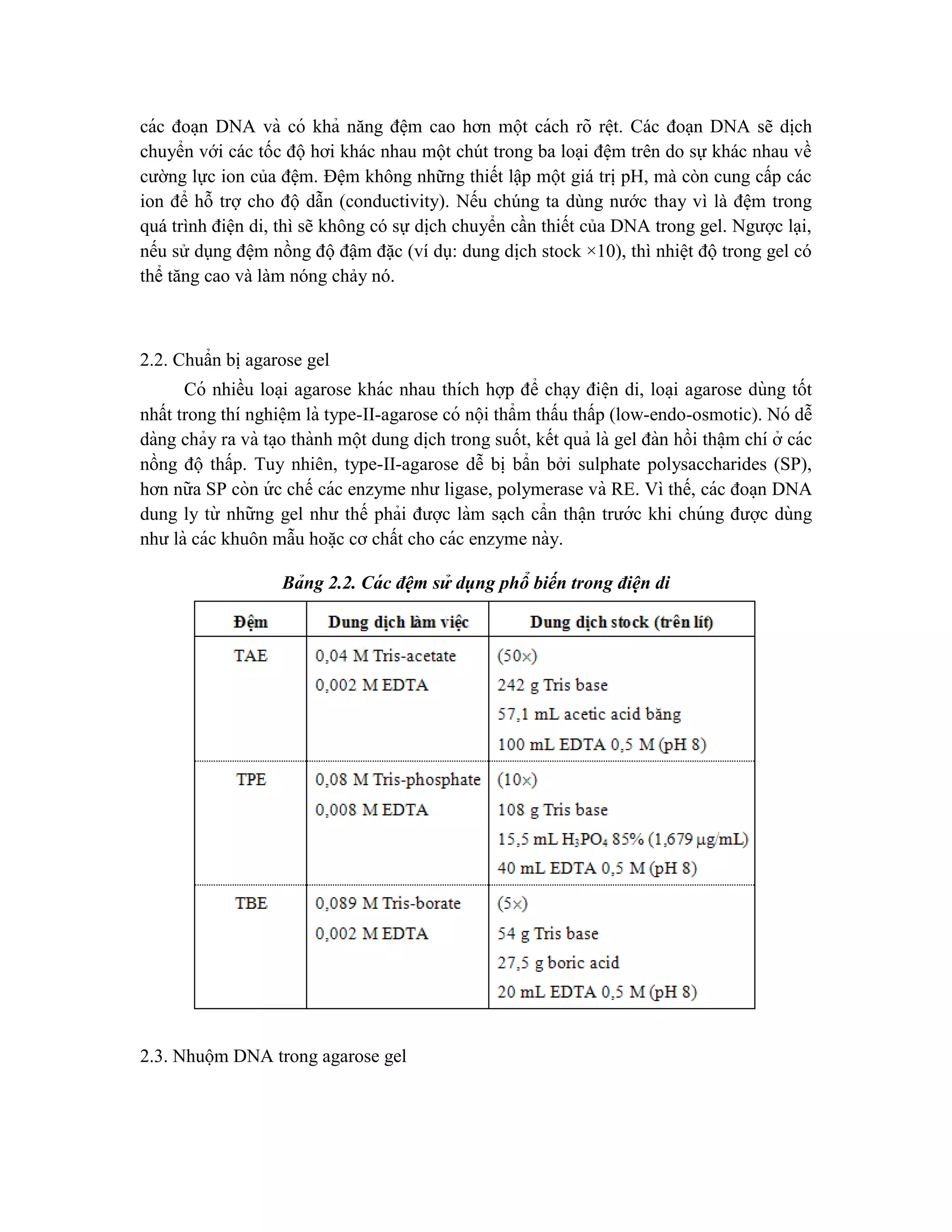 các đoa ̣n DNA và có khả năng đê ̣m cao hơn một cách rõ rê ̣t. Các đoạn DNA sẽ dịch
chuyển với các tốc độ hơi khác nhau một chút trong ba loại đệm trên do sự khác nhau về
cường lực ion của đệm. Đệm không những thiết lập một giá trị pH, mà còn cung cấp các
ion để hỗ trợ cho độ dẫn (conductivity). Nếu chúng ta dùng nước thay vì là đệm trong
quá trình điện di, thì sẽ không có sự dịch chuyển cần thiết của DNA trong gel. Ngược lại,
nếu sử dụng đệm nồng độ đậm đặc (ví dụ: dung dịch stock ×10), thì nhiệt độ trong gel có
thể tăng cao và làm nóng chảy nó.
2.2. Chuẩn bi ̣agarose gel
Có nhiều loa ̣i agarose khác nhau thích hợp để cha ̣y điê ̣n di, loa ̣i agarose dùng tốt
nhất trong thí nghiê ̣m là type-II-agarose có nội thẩm thấu thấp (low-endo-osmotic). Nó dễ
dàng chảy ra và ta ̣o thành một dung di ̣
ch trong suốt, kết quả là gel đàn hồi thâ ̣m chí ở các
nồng độ thấp. Tuy nhiên, type-II-agarose dễ bi ̣bẩn bởi sulphate polysaccharides (SP),
hơn nữa SP còn ứ c chế các enzyme như ligase, polymerase và RE. Vì thế, các đoa ̣n DNA
dung ly từ những gel như thế phải được làm sa ̣ch cẩn thâ ̣n trước khi chúng được dùng
như là các khuôn mẫu hoă ̣c cơ chất cho các enzyme này.
Bảng 2.2. Cá c đê ̣m sử dụng phổ biến trong điê ̣n di
2.3. Nhuộm DNA trong agarose gel
 