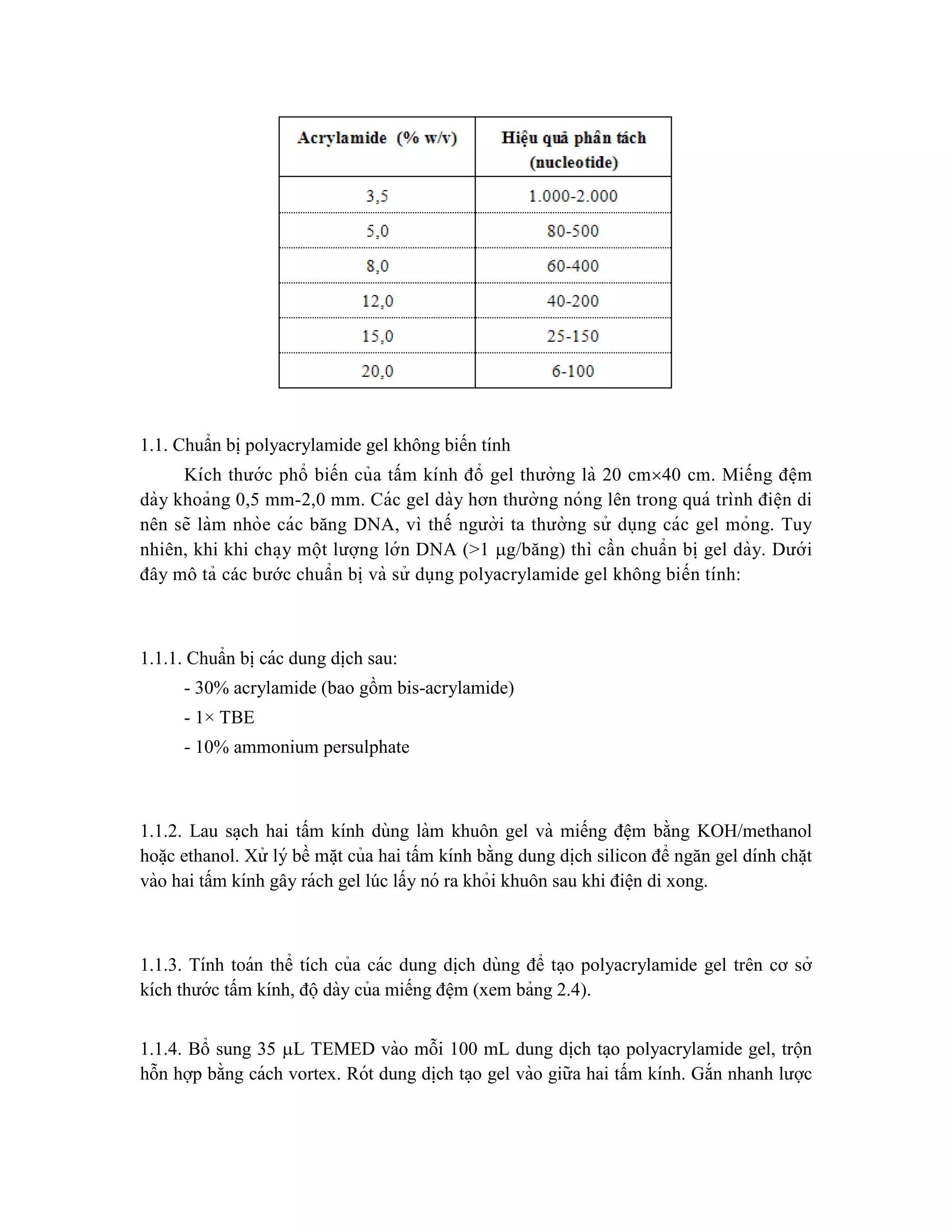 1.1. Chuẩn bi ̣polyacrylamide gel không biến tính
Kích thước phổ biến của tấm kính đổ gel thường là 20 cm40 cm. Miếng đê ̣m
dày khoảng 0,5 mm-2,0 mm. Các gel dày hơn thường nóng lên trong quá trình điê ̣n di
nên sẽ làm nhòe các băng DNA, vì thế người ta thường sử dụng các gel mỏng. Tuy
nhiên, khi khi cha ̣y mô ̣t lượng lớn DNA (>1 g/băng) thì cần chuẩn bi ̣gel dày. Dướ i
đây mô tả các bước chuẩn bi ̣và sử dụng polyacrylamide gel không biến tính:
1.1.1. Chuẩn bi ̣các dung di ̣
ch sau:
- 30% acrylamide (bao gồm bis-acrylamide)
- 1× TBE
- 10% ammonium persulphate
1.1.2. Lau sa ̣ch hai tấm kính dùng làm khuôn gel và miếng đê ̣m bằng KOH/methanol
hoă ̣c ethanol. Xử lý bề mă ̣t của hai tấm kính bằng dung di ̣
ch silicon để ngăn gel dính chă ̣t
vào hai tấm kính gây rách gel lúc lấy nó ra khỏi khuôn sau khi điê ̣n di xong.
1.1.3. Tính toán thể tích của các dung di ̣
ch dùng để ta ̣o polyacrylamide gel trên cơ sở
kích thước tấm kính, độdày của miếng đệm (xem bảng 2.4).
1.1.4. Bổ sung 35 L TEMED vào mỗi 100 mL dung di ̣
ch ta ̣o polyacrylamide gel, trộn
hỗn hợp bằng cách vortex. Rót dung di ̣
ch ta ̣o gel vào giữa hai tấm kính. Gắn nhanh lược
 