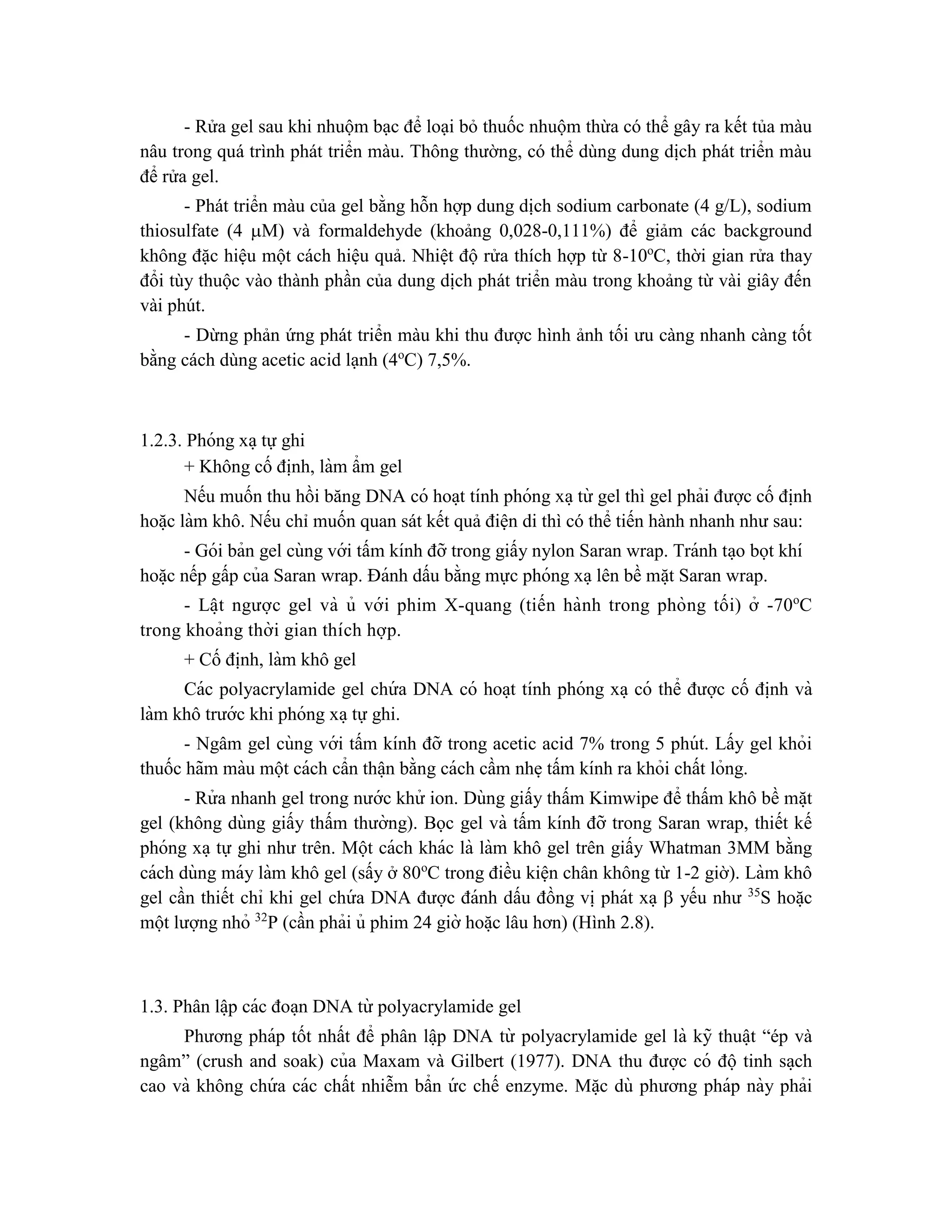 - Rửa gel sau khi nhuộm bạc để loại bỏ thuốc nhuộm thừa có thể gây ra kết tủa màu
nâu trong quá trình phát triển màu. Thông thường, có thể dùng dung dịch phát triển màu
để rửa gel.
- Phát triển màu của gel bằng hỗn hợp dung dịch sodium carbonate (4 g/L), sodium
thiosulfate (4 M) và formaldehyde (khoảng 0,028-0,111%) để giảm các background
không đặc hiệu một cách hiệu quả. Nhiệt độ rửa thích hợp từ 8-10o
C, thời gian rửa thay
đổi tùy thuộc vào thành phần của dung dịch phát triển màu trong khoảng từ vài giây đến
vài phút.
- Dừng phản ứng phát triển màu khi thu được hình ảnh tối ưu càng nhanh càng tốt
bằng cách dùng acetic acid lạnh (4o
C) 7,5%.
1.2.3. Phóng xa ̣tự ghi
+ Không cố đi ̣
nh, làm ẩm gel
Nếu muốn thu hồi băng DNA có hoa ̣t tính phóng xa ̣từ gel thì gel phải được cố đi ̣
nh
hoă ̣c làm khô. Nếu chỉ muốn quan sát kết quả điện di thì có thể tiến hành nhanh như sau:
- Gói bản gel cùng với tấm kính đỡ trong giấy nylon Saran wrap. Tránh ta ̣o bọt khí
hoă ̣c nếp gấp của Saran wrap. Đánh dấu bằng mực phóng xa ̣lên bề mă ̣t Saran wrap.
- Lâ ̣t ngược gel và ủ với phim X-quang (tiến hành trong phòng tối) ở -70o
C
trong khoảng thời gian thích hợp.
+ Cố đi ̣
nh, làm khô gel
Các polyacrylamide gel chứ a DNA có hoa ̣t tính phóng xa ̣ có thể được cố đi ̣
nh và
làm khô trước khi phóng xa ̣tự ghi.
- Ngâm gel cùng với tấm kính đỡ trong acetic acid 7% trong 5 phút. Lấy gel khỏi
thuốc hãm màu một cách cẩn thâ ̣n bằng cách cầm nhe ̣tấm kính ra khỏi chất lỏng.
- Rử a nhanh gel trong nước khử ion. Dùng giấy thấm Kimwipe để thấm khô bề mă ̣t
gel (không dùng giấy thấm thường). Bọc gel và tấm kính đỡ trong Saran wrap, thiết kế
phóng xa ̣tự ghi như trên. Một cách khác là làm khô gel trên giấy Whatman 3MM bằng
cách dùng máy làm khô gel (sấy ở 80o
C trong điều kiện chân không từ 1-2 giờ). Làm khô
gel cần thiết chỉ khi gel chứ a DNA được đánh dấu đồng vi ̣phát xa ̣ yếu như 35
S hoă ̣c
một lượng nhỏ
32
P (cần phải ủ phim 24 giờ hoă ̣c lâu hơn) (Hình 2.8).
1.3. Phân lâ ̣p các đoa ̣n DNA từ polyacrylamide gel
Phương pháp tốt nhất để phân lâ ̣p DNA từ polyacrylamide gel là kỹ thuâ ̣t “ép và
ngâm” (crush and soak) của Maxam và Gilbert (1977). DNA thu được có độ tinh sa ̣ch
cao và không chứ a các chất nhiễm bẩn ứ c chế enzyme. Mă ̣c dù phương pháp này phải
 