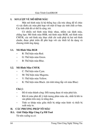 Giáo Trình CorelDRAW
64 Trung Tâm Công Ngh Thông Tin
I. S L T V MÔ HÌNH MÀU
M t mô hình màu là h th&ng hay c u trúc dùng t! ch c
và xác "nh các màu phù h p v i m t t! h p các tính ch t c b n.
Các tính ch t ó có th là c ng, tr-.
Có nhi u mô hình màu khác nhau, nh m xác "nh màu,
ch.ng h n: Mô hình màu HSB, mô hình màu RGB, mô hình màu
CMYK, các mô hình này th c ch t ch' xu t phát t- hai mô hình
chu)n, c phát tri n phù h p v i các thi t k a d ng và
ch ng trình ng d ng.
I.1. Mô Hình Màu RGB
− R: Th hi n màu Red.
− G: Th hi n màu Green.
− B: Th hi n màu Blue.
I.2. Mô Hình Màu CMYK
− C: Th hi n màu Cyan.
− M: Th hi n màu Magenta.
− Y: Th hi n màu Yellow.
− K: Th hi n màu Black. (do tính trùng l*p v i màu Blue)
Chú ý:
− tô màu thành công: &i t ng c tô màu ph i kín.
− Khi tô màu ph i ý tính t ng ph n màu s*c, nh t là khi in
s n ph)m trên máy in tr*ng en.
− Tính so kh p màu gi a thi t b" nh p màn hình và thi t b"
xu t máy in.
II. CÁC PH NG PHÁP TÔ MÀU
II.1. Gi i Thi u H!p Công C" Fill Tool
T- trên xu&ng ta có:
 