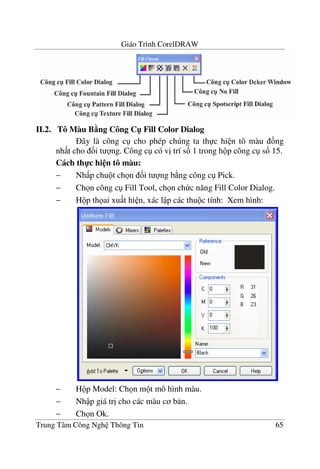 Giáo Trình CorelDRAW
Trung Tâm Công Ngh Thông Tin 65
II.2. Tô Màu B5ng Công C" Fill Color Dialog
ây là công c cho phép chúng ta th c hi n tô màu ng
nh t cho &i t ng. Công c có v" trí s& 1 trong h p công c s& 15.
Cách th-c hi n tô màu:
− Nh p chu t ch n &i t ng b ng công c Pick.
− Ch n công c Fill Tool, ch n ch c n#ng Fill Color Dialog.
− H p th ai xu t hi n, xác l p các thu c tính: Xem hình:
− H p Model: Ch n m t mô hình màu.
− Nh p giá tr" cho các màu c b n.
− Ch n Ok.
 