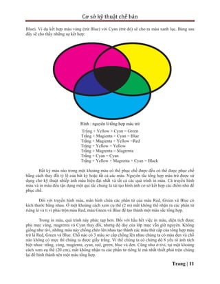 Cơ sở kỹ thuật chế bản
Trang | 11
Blue). Ví dụ kết hợp màu vàng (trừ Blue) với Cyan (trừ đỏ) sẽ cho ra màu xanh lục. Bảng sau
đây sẽ cho thấy những sự kết hợp:
Hình : nguyên lí tổng hợp màu trừ
Trắng + Yellow + Cyan = Green
Trắng + Magienta + Cyan = Blue
Trắng + Magienta + Yellow =Red
Trăng + Yellow = Yellow
Trắng + Magrenta = Magrenta
Trắng + Cyan = Cyan
Trắng + Yellow + Magrenta + Cyan = Black
Bất kỳ màu nào trong một khoảng màu có thể phục chế được đều có thể được phục chế
bằng cách thay đổi tỷ lệ của bất kỳ hoặc tất cả các màu. Nguyên tắc tổng hợp màu trừ được sử
dụng cho kỹ thuật nhiếp ảnh màu hiện đại nhất và tất cả các quá trình in màu. Cả truyền hình
màu và in màu đều tận dụng một qui tắc chung là tái tạo hình ảnh cơ sở kết hợp các điểm nhỏ để
phục chế.
Đối với truyền hình màu, màn hình chứa các phần tử của màu Red, Green và Blue có
kích thước bằng nhau. Ở một khoảng cách xem cụ thể (2 m) mắt không thể nhận ra các phần tử
riêng lẻ và ti vi phải trộn màu Red, màu Green và Blue để tạo thành một màu sắc tổng hợp.
Trong in màu, quá trình này phức tạp hơn. Đối với hầu hết việc in màu, diện tích được
phủ mực vàng, magrenta và Cyan thay đổi, nhưng độ dày của lớp mực vẫn giữ nguyên. Không
giống như tivi, những màu này chồng chéo lên nhau tạo thành các màu thứ cấp của tổng hợp màu
trừ là Red, Green và Blue. Chỗ nào có 3 màu sơ cấp chồng lên nhau chúng ta có màu đen và chỗ
nào không có mực thì chúng ta được giấy trắng. Vì thế chúng ta có chừng độ 8 yếu tố ảnh tách
biệt nhau: trắng, vàng, magienta, cyan, red, green, blue và đen. Cũng như ở tivi, tại một khoảng
cách xem cụ thể (20 cm), mắt không nhận ra các phần tử riêng lẻ mà nhất thiết phải trộn chúng
lại để hình thành nên một màu tổng hợp.
 