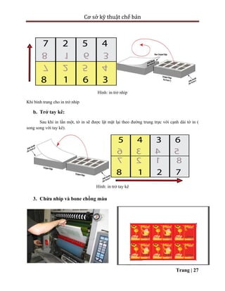 Cơ sở kỹ thuật chế bản
Trang | 27
Hình: in trở nhíp
Khi bình trang cho in trở nhíp
b. Trở tay kê:
Sau khi in lần một, tờ in sẽ được lật mặt lại theo đường trung trực với cạnh dài tờ in (
song song với tay kê).
Hình: in trở tay kê
3. Chừa nhíp và bone chồng màu
 