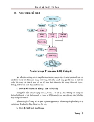 Cơ sở kỹ thuật chế bản
Trang | 3
II. Quy trình chế bản :
Bài mẫu khách hàng gửi tới đa phần là dưới định dạng là file, lúc này người chế bản chỉ
cần kiểm tra và tiến hành dàn trang, bình trang. Nếu như khách hàng gửi bài mẫu là một sản
phẩm thì người chế bản sẽ scan lại, sau đó phân loại thành các đối tượng: hình ảnh vector,
bitmap, text và tiến hành theo các bước sau:
a. Bước 1: Xử lí hình ảnh đồ hoạ ( hình ảnh vector)
Dùng phần mềm chuyên dụng như AI, Corel,… để vẽ lại.Chú ý không nên dùng các
đường hairline để vẽ các đường mảnh vì chúng sẽ dễ bị mất đi trong quá trình ghi bản, hiện bản
hoặc trong quá trình in.
Nếu vẽ các yếu tố bóng mờ thì phải explants appaerence. Nếu không các yếu tố này sẽ bị
mất đi mặc dù vẫn nhìn thấy chúng trên file gốc.
b. Bước 2 : Xử lí hình ảnh bitmap
 