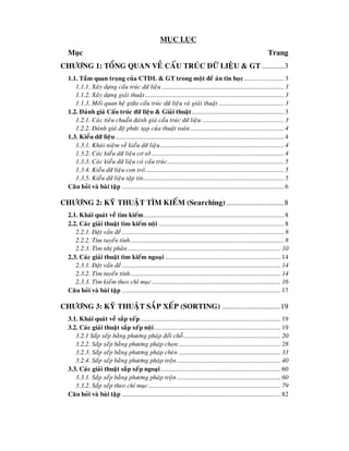 MUÏC LUÏC
  Muïc                                                                                                            Trang
CHÖÔNG 1: TOÅNG QUAN VEÀ CAÁU TRUÙC DÖÕ LIEÄU & GT ...........3
  1.1. Taàm quan troïng cuûa CTDL & GT trong moät ñeà aùn tin hoïc ........................ 3
     1.1.1. Xaây döïng caáu truùc döõ lieäu ......................................................................... 3
     1.1.2. Xaây döïng giaûi thuaät ................................................................................... 3
     1.1.3. Moái quan heä giöõa caáu truùc döõ lieäu vaø giaûi thuaät ....................................... 3
  1.2. Ñaùnh giaù Caáu truùc döõ lieäu & Giaûi thuaät ....................................................... 3
     1.2.1. Caùc tieâu chuaån ñaùnh giaù caáu truùc döõ lieäu ................................................. 3
     1.2.2. Ñaùnh giaù ñoä phöùc taïp cuûa thuaät toaùn ........................................................ 4
  1.3. Kieåu döõ lieäu ..................................................................................................... 4
     1.3.1. Khaùi nieäm veà kieåu döõ lieäu .......................................................................... 4
     1.3.2. Caùc kieåu döõ lieäu cô sôû ............................................................................... 4
     1.3.3. Caùc kieåu döõ lieäu coù caáu truùc...................................................................... 5
     1.3.4. Kieåu döõ lieäu con troû ................................................................................... 5
     1.3.5. Kieåu döõ lieäu taäp tin.................................................................................... 5
  Caâu hoûi vaø baøi taäp ................................................................................................. 6

CHÖÔNG 2: KYÕ THUAÄT TÌM KIEÁM (Searching) .............................8
  2.1. Khaùi quaùt veà tìm kieám .................................................................................... 8
  2.2. Caùc giaûi thuaät tìm kieám noäi ........................................................................... 8
     2.2.1. Ñaët vaán ñeà ................................................................................................. 8
     2.2.2. Tìm tuyeán tính............................................................................................ 8
     2.2.3. Tìm nhò phaân ............................................................................................ 10
  2.3. Caùc giaûi thuaät tìm kieám ngoaïi ..................................................................... 14
     2.3.1. Ñaët vaán ñeà ............................................................................................... 14
     2.3.2. Tìm tuyeán tính.......................................................................................... 14
     2.3.3. Tìm kieám theo chæ muïc ............................................................................. 16
  Caâu hoûi vaø baøi taäp ............................................................................................... 17

CHÖÔNG 3: KYÕ THUAÄT SAÉP XEÁP (SORTING) .............................19
  3.1. Khaùi quaùt veà saép xeáp .................................................................................... 19
  3.2. Caùc giaûi thuaät saép xeáp noäi ............................................................................ 19
     3.2.1 Saép xeáp baèng phöông phaùp ñoåi choã .......................................................... 20
     3.2.2. Saép xeáp baèng phöông phaùp choïn ............................................................. 28
     3.2.3. Saép xeáp baèng phöông phaùp cheøn ............................................................. 33
     3.2.4. Saép xeáp baèng phöông phaùp troän .............................................................. 40
  3.3. Caùc giaûi thuaät saép xeáp ngoaïi ........................................................................ 60
     3.3.1. Saép xeáp baèng phöông phaùp troän .............................................................. 60
     3.3.2. Saép xeáp theo chæ muïc ............................................................................... 79
  Caâu hoûi vaø baøi taäp ............................................................................................... 82
 