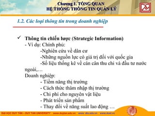 ĐẠI HỌC DUY TÂN – DUY TAN UNIVERSITY www.duytan.edu.vn www .dtu.edu.vn www.duet.vn
 Thông tin chiến lược (Strategic Information)
- Ví dụ: Chính phủ:
-Nghiên cứu về dân cư
-Những nguồn lực có giá trị đối với quốc gia
-Số liệu thống kê về cán cân thu chi và đầu tư nước
ngoài,…
Doanh nghiệp:
- Tiềm năng thị trường
- Cách thức thâm nhập thị trường
- Chi phí cho nguyên vật liệu
- Phát triển sản phẩm
- Thay đổi về năng suất lao động …
1.2. Các loại thông tin trong doanh nghiệp
Chương 1. TỔNG QUANChương 1. TỔNG QUAN
HỆ THỐNG THÔNG TIN QUẢN LÝHỆ THỐNG THÔNG TIN QUẢN LÝ
 