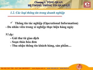 ĐẠI HỌC DUY TÂN – DUY TAN UNIVERSITY www.duytan.edu.vn www .dtu.edu.vn www.duet.vn
 Thông tin tác nghiệp (Operational Information)
- Do nhân viên trong xí nghiệp thực hiện hàng ngày
Ví dụ:
- Gửi thư từ giao dịch
- Soạn thảo hóa đơn
- Thu nhận thông tin khách hàng, sản phẩm…
1.2. Các loại thông tin trong doanh nghiệp
Chương 1. TỔNG QUANChương 1. TỔNG QUAN
HỆ THỐNG THÔNG TIN QUẢN LÝHỆ THỐNG THÔNG TIN QUẢN LÝ
 