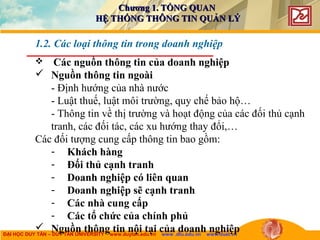 ĐẠI HỌC DUY TÂN – DUY TAN UNIVERSITY www.duytan.edu.vn www .dtu.edu.vn www.duet.vn
 Các nguồn thông tin của doanh nghiệp
 Nguồn thông tin ngoài
- Định hướng của nhà nước
- Luật thuế, luật môi trường, quy chế bảo hộ…
- Thông tin về thị trường và hoạt động của các đối thủ cạnh
tranh, các đối tác, các xu hướng thay đổi,…
Các đối tượng cung cấp thông tin bao gồm:
- Khách hàng
- Đối thủ cạnh tranh
- Doanh nghiệp có liên quan
- Doanh nghiệp sẽ cạnh tranh
- Các nhà cung cấp
- Các tổ chức của chính phủ
 Nguồn thông tin nội tại của doanh nghiệp
1.2. Các loại thông tin trong doanh nghiệp
Chương 1. TỔNG QUANChương 1. TỔNG QUAN
HỆ THỐNG THÔNG TIN QUẢN LÝHỆ THỐNG THÔNG TIN QUẢN LÝ
 