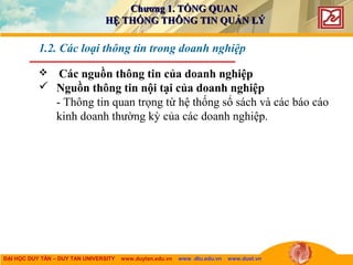 ĐẠI HỌC DUY TÂN – DUY TAN UNIVERSITY www.duytan.edu.vn www .dtu.edu.vn www.duet.vn
 Các nguồn thông tin của doanh nghiệp
 Nguồn thông tin nội tại của doanh nghiệp
- Thông tin quan trọng từ hệ thống sổ sách và các báo cáo
kinh doanh thường kỳ của các doanh nghiệp.
1.2. Các loại thông tin trong doanh nghiệp
Chương 1. TỔNG QUANChương 1. TỔNG QUAN
HỆ THỐNG THÔNG TIN QUẢN LÝHỆ THỐNG THÔNG TIN QUẢN LÝ
 