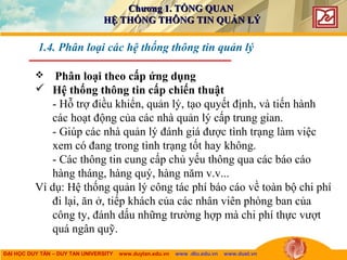 ĐẠI HỌC DUY TÂN – DUY TAN UNIVERSITY www.duytan.edu.vn www .dtu.edu.vn www.duet.vn
 Phân loại theo cấp ứng dụng
 Hệ thống thông tin cấp chiến thuật
- Hỗ trợ điều khiển, quản lý, tạo quyết định, và tiến hành
các hoạt động của các nhà quản lý cấp trung gian.
- Giúp các nhà quản lý đánh giá được tình trạng làm việc
xem có đang trong tình trạng tốt hay không.
- Các thông tin cung cấp chủ yếu thông qua các báo cáo
hàng tháng, hàng quý, hàng năm v.v...
Ví dụ: Hệ thống quản lý công tác phí báo cáo về toàn bộ chi phí
đi lại, ăn ở, tiếp khách của các nhân viên phòng ban của
công ty, đánh dấu những trường hợp mà chi phí thực vượt
quá ngân quỹ.
1.4. Phân loại các hệ thống thông tin quản lý
Chương 1. TỔNG QUANChương 1. TỔNG QUAN
HỆ THỐNG THÔNG TIN QUẢN LÝHỆ THỐNG THÔNG TIN QUẢN LÝ
 