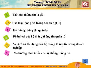ĐẠI HỌC DUY TÂN – DUY TAN UNIVERSITY www.duytan.edu.vn www .dtu.edu.vn www.duet.vn
2
1
3
Thời đại thông tin là gì?
Hệ thống thông tin quản lý
Các loại thông tin trong doanh nghiệp
Phân loại các hệ thống thông tin quản lý
Vai trò và tác động của hệ thống thông tin trong doanh
nghiệp
4
5
6 Xu hướng phát triển của hệ thống thông tin
Chương 1. TỔNG QUANChương 1. TỔNG QUAN
HỆ THỐNG THÔNG TIN QUẢN LÝHỆ THỐNG THÔNG TIN QUẢN LÝ
 