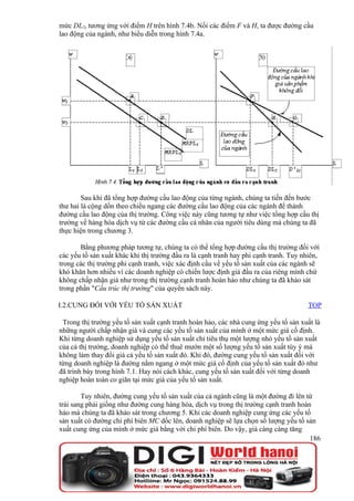 mức DL2, tương ứng với điểm H trên hình 7.4b. Nối các điểm F và H, ta được đường cầu
lao động của ngành, như biểu diễn trong hình 7.4a.




        Sau khi đã tổng hợp đường cầu lao động của từng ngành, chúng ta tiến đến bước
thư hai là cộng dồn theo chiều ngang các đường cầu lao động của các ngành để thành
đường cầu lao động của thị trường. Công việc này cũng tương tự như việc tổng hợp cầu thị
trường về hàng hóa dịch vụ từ các đường cầu cá nhân của người tiêu dùng mà chúng ta đã
thực hiện trong chương 3.

       Bằng phương pháp tương tự, chúng ta có thể tổng hợp đường cầu thị trường đối với
các yếu tố sản xuất khác khi thị trường đầu ra là cạnh tranh hay phi cạnh tranh. Tuy nhiên,
trong các thị trường phi cạnh tranh, việc xác định cầu về yếu tố sản xuất của các ngành sẽ
khó khăn hơn nhiều vì các doanh nghiệp có chiến lược định giá đầu ra của riêng mình chứ
không chấp nhận giá như trong thị trường cạnh tranh hoàn hảo như chúng ta đã khảo sát
trong phần "Cấu trúc thị trường" của quyển sách này.

I.2.CUNG ĐỐI VỚI YẾU TỐ SẢN XUẤT                                                       TOP

 Trong thị trường yếu tố sản xuất cạnh tranh hoàn hảo, các nhà cung ứng yếu tố sản xuất là
những người chấp nhận giá và cung các yếu tố sản xuất của mình ở một mức giá cố định.
Khi từng doanh nghiệp sử dụng yếu tố sản xuất chỉ tiêu thụ một lượng nhỏ yếu tố sản xuất
của cả thị trường, doanh nghiệp có thể thuê mướn một số lượng yếu tố sản xuất tùy ý mà
không làm thay đổi giá cả yếu tố sản xuất đó. Khi đó, đường cung yếu tố sản xuất đối với
từng doanh nghiệp là đường nằm ngang ở một mức giá cố định của yếu tố sản xuất đó như
đã trình bày trong hình 7.1. Hay nói cách khác, cung yếu tố sản xuất đối với từng doanh
nghiệp hoàn toàn co giãn tại mức giá của yếu tố sản xuất.

        Tuy nhiên, đường cung yếu tố sản xuất của cả ngành cũng là một đường đi lên từ
trái sang phải giống như đường cung hàng hóa, dịch vụ trong thị trường cạnh tranh hoàn
hảo mà chúng ta đã khảo sát trong chương 5. Khi các doanh nghiệp cung ứng các yếu tố
sản xuất có đường chi phí biên MC dốc lên, doanh nghiệp sẽ lựa chọn số lượng yếu tố sản
xuất cung ứng của mình ở mức giá bằng với chi phí biên. Do vậy, giá càng càng tăng
                                                                                      186
 