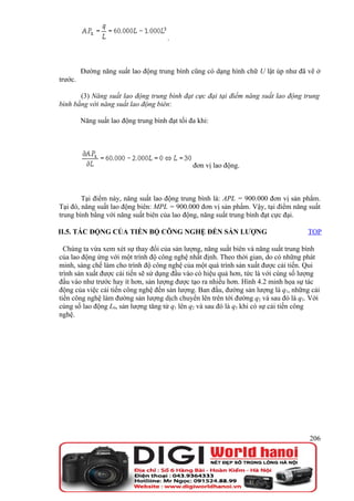 .



         Đường năng suất lao động trung bình cũng có dạng hình chữ U lật úp như đã vẽ ở
trước.

       (3) Năng suất lao động trung bình đạt cực đại tại điểm năng suất lao động trung
bình bằng với năng suất lao động biên:

         Năng suất lao động trung bình đạt tối đa khi:




                                                đơn vị lao động.



        Tại điểm này, năng suất lao động trung bình là: APL = 900.000 đơn vị sản phẩm.
Tại đó, năng suất lao động biên: MPL = 900.000 đơn vị sản phẩm. Vậy, tại điểm năng suất
trung bình bằng với năng suất biên của lao động, năng suất trung bình đạt cực đại.

II.5. TÁC ĐỘNG CỦA TIẾN BỘ CÔNG NGHỆ ĐẾN SẢN LƯỢNG                                   TOP

  Chúng ta vừa xem xét sự thay đổi của sản lượng, năng suất biên và năng suất trung bình
của lao động ứng với một trình độ công nghệ nhất định. Theo thời gian, do có những phát
minh, sáng chế làm cho trình độ công nghệ của một quá trình sản xuất được cải tiến. Qui
trình sản xuất được cải tiến sẽ sử dụng đầu vào có hiệu quả hơn, tức là với cùng số lượng
đầu vào như trước hay ít hơn, sản lượng được tạo ra nhiều hơn. Hình 4.2 minh họa sự tác
động của việc cải tiến công nghệ đến sản lượng. Ban đầu, đường sản lượng là q1, những cải
tiến công nghệ làm đường sản lượng dịch chuyển lên trên tới đường q2 và sau đó là q3. Với
cùng số lao động L0, sản lượng tăng từ q1 lên q2 và sau đó là q3 khi có sự cải tiến công
nghệ.




                                                                                     206
 