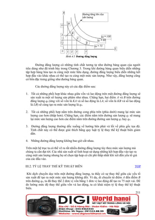 Đường đẳng lượng có những tính chất tương tự như đường bàng quan của người
tiêu dùng như đã trình bày trong Chương 3. Trong khi đường bàng quan biểu diễn những
tập hợp hàng hóa tạo ra cùng một mức hữu dụng, đường đẳng lượng biểu diễn những kết
hợp đầu vào khác nhau có thể tạo ra cùng một mức sản lượng. Như vậy, đẳng lượng cũng
có bốn đặc trưng giống như đường bàng quan.

       Các đường đẳng lượng này có các đặc điểm sau:

1. Tất cả những phối hợp khác nhau giữa vốn và lao động trên một đường đẳng lượng sẽ
   sản xuất ra một số lượng sản phẩm như nhau. Chẳng hạn, hai điểm A và B trên đường
   đẳng lượng q0 (ứng với số vốn là KA và số lao động là LA; số vốn là KB và số lao động
   là LB) sẽ cùng tạo ra mức sản lượng là q0.

2. Tất cả những phối hợp nằm trên đường cong phía trên (phía dưới) mang lại mức sản
   lượng cao hơn (thấp hơn). Chẳng hạn, các điểm nằm trên đường sản lượng q2 sẽ mang
   lại mức sản lượng cao hơn các điểm nằm trên đường đường sản lượng q1 hay q0.

3. Đường đẳng lượng thường dốc xuống về hướng bên phải và lồi về phía gốc tọa độ.
   Tính chất này có thể được giải thích bằng quy luật tỷ lệ thay thế kỹ thuật biên giảm
   dần.

4. Những đường đẳng lượng không bao giờ cắt nhau.

Trên một hệ trục ta có thể vẽ ra rất nhiều đường đẳng lượng tùy theo mức sản lượng mà
chúng ta cần đạt tới. Các nhà sản xuất sẽ linh hoạt sử dụng những kết hợp đầu vào tạo ra
cùng một sản lượng nhưng họ sẽ chọn tập hợp có chi phí thấp nhất khi xét đến yếu tố giá
của các đầu vào.

III.2. TỶ LỆ THAY THẾ KỸ THUẬT BIÊN                                                   TOP

 Khi dịch chuyển dọc trên một đường đẳng lượng, ta thấy có sự thay thế giữa các yếu tố
sản xuất để tạo ra một mức sản lượng không đổi. Ví dụ, di chuyển từ điểm A đến điểm B
trên đường q0, ta đã thay thế 2 đơn vị vốn bằng 1 đơn vị lao động để tạo ra 75 mét vải. Để
đo lường mức độ thay thế giữa vốn và lao động, ta có khái niệm tỷ lệ thay thế kỹ thuật
biên.
                                                                                       211
 
