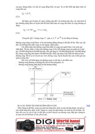 của giá, nhưng khác với cầu số cung đồng biến với giá. Ta có thể thiết lập được hàm số
cung như sau:

                   .
(2.3)

       QS được gọi là hàm số cung. Giống như đối với trường hợp cầu, các nhà kinh tế
học thường dùng hàm số tuyến tính để biểu diễn hàm số cung nên hàm số cung thường có
dạng:

                       hay              .
(2.4)

        Trong đó: QS = lượng cung; P = giá; a, b,   và   là các hằng số dương.

Đường cung cũng có thể được vẽ là một đường thẳng nhưng có độ dốc đi lên. Như vậy, độ
dốc của đường biểu diễn cung và cầu ngược chiều nhau.
        Các điểm nằm trên đường cung biểu diễn số cung của người bán ở các mức giá
nhất định. Thí dụ, điểm A nằm trên đường cung S cho biết lượng cung của quần áo ở mức
giá 120.000 đồng/bộ là 80.000 bộ/tuần. Khi giá tăng từ 120.000 đồng/bộ lên 160.000 đồng/
bộ, lượng cung tăng lên thành 120.000 bộ/tuần. Điều này được biểu diễn bởi điểm B trên
đường cung. Đó là sự di chuyển dọc theo đường cung. Sự di chuyển này xảy ra khi giá của
quần áo thay đổi.
        Khi xem xét hình dạng của đường cung, ta cần lưu ý các điểm sau:
· Đường cung thường có hướng dốc lên từ trái sang phải; và
· Đường cung không nhất thiết là một đường thẳng.




  III.3.CÁC NHÂN TỐ ẢNH HƯỞNG ĐẾN CUNG                                                    TOP
   Như chúng ta đã biết, cung của một loại hàng hóa, dịch vụ nào đó phụ thuộc vào giá cả
của chính hàng hóa, dịch vụ đó. Ngoài ra, cung còn phụ thuộc vào một số yếu tố khác. Sự
thay đổi của các yếu tố này sẽ dẫn đến sự dịch chuyển của đường cung. Bây giờ, chúng ta
sẽ xem xét chi tiết hơn về các yếu tố này.
                                                                                       23
 