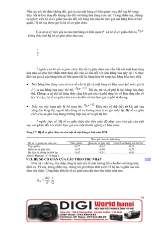 Nếu các yếu tố khác không đổi, giá cả của mặt hàng có liên quan (thay thế hay bổ sung)
thay đổi sẽ làm thay đổi lượng cầu đối với hàng hóa đang xem xét. Trong phần này, chúng
ta nghiên cứu hệ số co giãn của cầu đối với hàng hóa nào đó theo giá của hàng hóa có liên
quan. Hệ số này được gọi là hệ số co giãn chéo.

       Giả sử ta ký hiệu giá cả của mặt hàng có liên quan P’ và hệ số co giãn chéo là
. Công thức tính hệ số co giãn chéo như sau:




       Ý nghĩa của hệ số co giãn chéo: Hệ số co giãn chéo của cầu đối với một loại hàng
hóa nào đó cho biết phần trăm thay đổi của số cầu đối với loại hàng hóa này do 1% thay
đổi của giá cả của hàng hóa có liên quan (đó là, hàng hóa bổ sung hay hàng hóa thay thế).

•   Nếu hàng hóa đang xem xét (có số cầu là Q) và mặt hàng có liên quan (có mức giá là
    P’) là các hàng hóa thay thế thì:            Thí dụ, trà và cà phê là hai hàng hóa thay
    thế. Chúng ta có thể dễ dàng thấy rằng khi giá của cà phê tăng lên sẽ làm tăng cầu về
    trà. Vì vậy, hệ số co giãn chéo của cầu đối với trà theo giá cà phê sẽ dương.

•    Nếu hai mặt hàng này là bổ sung thì:           Điều này có thể thấy rõ khi giá của
    xăng dầu tăng lên, người tiêu dùng có xu hướng mua ít xe gắn máy lại. Hệ số co giãn
    chéo của xe gắn máy trong trường hợp này sẽ có giá trị âm.

        Ý nghĩa thực tế. Hệ số co giãn chéo cho thấy mức độ nhạy cảm của cầu của một
loại sản phẩm đối với chiến lược giá của một doanh nghiệp có liên quan.

Bảng 2.7. Hệ số co giãn chéo của cầu một số mặt hàng ở Anh năm 1974

                                                    Theo giá của các mặt hàng:
 Hệ số co giãn của cầu của:         Thực phẩm     Quần áo và giày dép Du lịch và thông tin liên lạc
 Thực phẩm                             -0,37               -0,03                    -0,12
 Quần áo và giày dép                    0,19               -0,30                    -0,23
 Du lịch và thông tin liên lạc          0,42               -0,01                    -0,61
Nguồn: Deaton (1974), bảng 1.
VI.3. HỆ SỐ CO GIÃN CỦA CẦU THEO THU NHẬP                                                             TOP
    Như đã trình bày, thu nhập cũng là một yếu tố ảnh hưởng đến cầu đối với hàng hóa,
dịch vụ. Vì vậy, trong phần này, chúng tôi giới thiệu khái niệm về hệ số co giãn của cầu
theo thu nhập. Công thức tính hệ số co giãn của cầu theo thu nhập như sau:




                                                                                                39
 