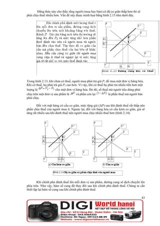 Đẳng thức này cho thấy rằng người (mua hay bán) có độ co giãn thấp hơn thì sẽ
phải chịu thuế nhiều hơn. Vấn đề này được minh họa bằng hình 2.15 như dưới đây.




Trong hình 2.13, khi chưa có thuế, người mua phải trả giá P1 để mua một đơn vị hàng hóa.
Khi có thuế, họ phải trả giá P2 cao hơn. Vì vậy, khi có thuế họ phải trả nhiều tiền hơn một
lượng là               cho một đơn vị hàng hóa. Do đó, số thuế mà người tiêu dùng phải
chịu trên một đơn vị sản phẩm là      và phần còn lại           là phần thuế mà người bán
phải chịu.

        Đối với mặt hàng có cầu co giãn, mức tăng giá (∆P) sau khi đánh thuế rất thấp nên
phần chịu thuế của người mua ít. Ngược lại, đối với hàng hóa có cầu kém co giãn, giá sẽ
tăng rất nhiều sau khi đánh thuế nên người mua chịu nhiều thuế hơn (hình 2.14).




         Khi chính phủ đánh thuế lên mỗi đơn vị sản phẩm, đường cung sẽ dịch chuyển lên
phía trên. Như vậy, hàm số cung đã thay đổi sau khi chính phủ đánh thuế. Chúng ta cần
thiết lập lại hàm số cung sau khi chính phủ đánh thuế.

                                                                                         43
 