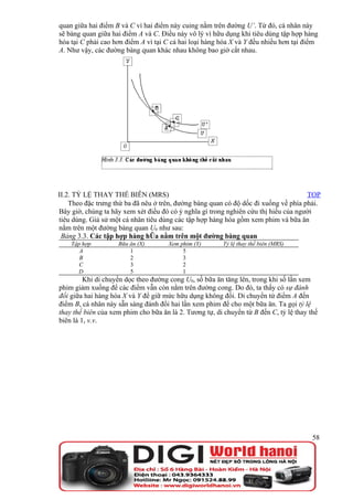 quan giữa hai điểm B và C vì hai điểm này cuing nằm trên đường U’. Từ đó, cá nhân này
sẽ bàng quan giữa hai điểm A và C. Điều này vô lý vì hữu dụng khi tiêu dùng tập hợp hàng
hóa tại C phải cao hơn điểm A vì tại C cả hai loại hàng hóa X và Y đều nhiều hơn tại điểm
A. Như vậy, các đường bàng quan khác nhau không bao giờ cắt nhau.




II.2. TỶ LỆ THAY THẾ BIÊN (MRS)                                                      TOP
    Theo đặc trưng thứ ba đã nêu ở trên, đường bàng quan có độ dốc đi xuống về phía phải.
Bây giờ, chúng ta hãy xem xét điều đó có ý nghĩa gì trong nghiên cứu thị hiếu của người
tiêu dùng. Giả sử một cá nhân tiêu dùng các tập hợp hàng hóa gồm xem phim và bữa ăn
nằm trên một đường bàng quan U0 như sau:
 Bảng 3.3. Các tập hợp hàng hóa nằm trên một đường bàng quan
    Tập hợp         Bữa ăn (X)        Xem phim (Y)       Tỷ lệ thay thế biên (MRS)
       A                1                  5
       B                2                  3
       C                3                  2
       D                5                  1
         Khi di chuyển dọc theo đường cong U0, số bữa ăn tăng lên, trong khi số lần xem
phim giảm xuống để các điểm vẫn còn nằm trên đường cong. Do đó, ta thấy có sự đánh
đổi giữa hai hàng hóa X và Y để giữ mức hữu dụng không đổi. Di chuyển từ điểm A đến
điểm B, cá nhân này sẵn sàng đánh đổi hai lần xem phim để cho một bữa ăn. Ta gọi tỷ lệ
thay thế biên của xem phim cho bữa ăn là 2. Tương tự, di chuyển từ B đến C, tỷ lệ thay thế
biên là 1, v.v.




                                                                                        58
 