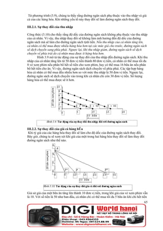 Từ phương trình (3.9), chúng ta thấy rằng đường ngân sách phụ thuộc vào thu nhập và giá
cả của các hàng hóa. Khi những yếu tố này thay đổi sẽ làm đường ngân sách thay đổi.

III.2.1. Sự thay đổi của thu nhập

Công thức (3.10) cho thấy rằng độ dốc của đường ngân sách không phụ thuộc vào thu nhập
của cá nhân. Vì vậy, thu nhập thay đổi sẽ không làm ảnh hưởng đến độ dốc của đường
ngân sách mà sẽ làm cho đường ngân sách tịnh tiến. Nếu thu nhập của cá nhân tăng lên,
cá nhân có thể mua được nhiều hàng hóa hơn tại các mức giá cho trước, đường ngân sách
sẽ dịch chuyển sang phía phải. Ngược lại, khi thu nhập giảm, đường ngân sách sẽ dịch
chuyển về phía trái do cá nhân mua được ít hàng hóa hơn.
        Hình 3.9 mô tả tác động của sự thay đổi của thu nhập đến đường ngân sách. Khi thu
nhập của cá nhân tăng lên từ 50 đơn vị tiền thành 80 đơn vị tiền, cá nhân có thể mua tối đa
8 vé xem phim nếu phân bổ hết số tiền cho xem phim, hay có thể mua 16 bữa ăn nếu phân
bổ hết tiền cho ăn. Vì vậy, đường ngân sách dịch chuyển về phía phải. Các tập hợp hàng
hóa cá nhân có thể mua đều nhiều hơn so với mức thu nhập là 50 đơn vị tiền. Ngược lại,
đường ngân sách sẽ dịch chuyển vào trong khi cá nhân chỉ còn 30 đơn vị tiền. Số lượng
hàng hóa có thể mua được sẽ ít hơn.




III.2.2. Sự thay đổi của giá cả hàng hóa
 Khi tỷ giá của các hàng hóa thay đổi sẽ làm cho độ dốc của đường ngân sách thay đổi.
Bây giờ, chúng ta sẽ xem xét khi giá của một trong hai hàng hóa thay đổi sẽ làm thay đổi
đường ngân sách như thế nào.




Giả sử giá của một bữa ăn tăng lên thành 10 đơn vị tiền, trong khi giá của vé xem phim vẫn
là 10. Với số tiền là 50 như ban đầu, cá nhân chỉ có thể mua tối đa 5 bữa ăn khi chi hết tiền
                                                                                          65
 