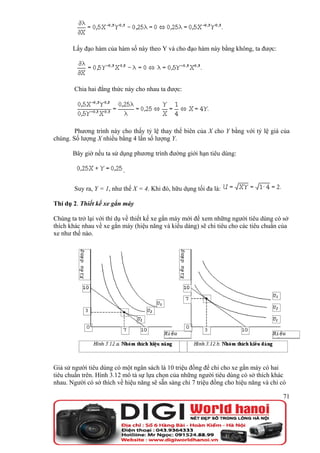 Lấy đạo hàm của hàm số này theo Y và cho đạo hàm này bằng không, ta được:




        Chia hai đẳng thức này cho nhau ta được:




        Phương trình này cho thấy tỷ lệ thay thế biên của X cho Y bằng với tỷ lệ giá của
chúng. Số lượng X nhiều bằng 4 lần số lượng Y.

       Bây giờ nếu ta sử dụng phương trình đường giới hạn tiêu dùng:

                           .

        Suy ra, Y = 1, như thế X = 4. Khi đó, hữu dụng tối đa là:

Thí dụ 2. Thiết kế xe gắn máy

Chúng ta trở lại với thí dụ về thiết kế xe gắn máy mới để xem những người tiêu dùng có sở
thích khác nhau về xe gắn máy (hiệu năng và kiểu dáng) sẽ chi tiêu cho các tiêu chuẩn của
xe như thế nào.




Giả sử người tiêu dùng có một ngân sách là 10 triệu đồng để chi cho xe gắn máy có hai
tiêu chuẩn trên. Hình 3.12 mô tả sự lựa chọn của những người tiêu dùng có sở thích khác
nhau. Người có sở thích về hiệu năng sẽ sẵn sàng chi 7 triệu đồng cho hiệu năng và chỉ có

                                                                                       71
 