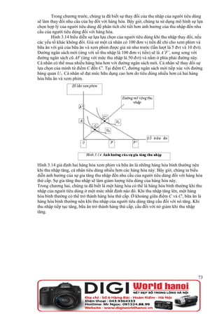 Trong chương trước, chúng ta đã biết sự thay đổi của thu nhập của người tiêu dùng
sẽ làm thay đổi nhu cầu của họ đối với hàng hóa. Bây giờ, chúng ta sử dụng mô hình sự lựa
chọn hợp lý của người tiêu dùng để phân tích chi tiết hơn ảnh hưởng của thu nhập đến nhu
cầu của người tiêu dùng đối với hàng hóa.
        Hình 3.14 biểu diễn sự lựa lựa chọn của người tiêu dùng khi thu nhập thay đổi, nếu
các yếu tố khác không đổi. Giả sử một cá nhân có 100 đơn vị tiền để chi cho xem phim và
bữa ăn với giá của bữa ăn và xem phim được giả sử như trước (lần lượt là 5 đvt và 10 đvt).
Đường ngân sách mới (ứng với số thu nhập là 100 đơn vị tiền) sẽ là A’F’, song song với
đường ngân sách cũ AF (ứng với mức thu nhập là 50 đvt) và nằm ở phía phải đường này.
Cá nhân có thể mua nhiều hàng hóa hơn với đường ngân sách mới. Cá nhân sẽ thay đổi sự
lựa chọn của mình từ điểm C đến C'. Tại điểm C', đường ngân sách mới tiếp xúc với đường
bàng quan U1. Cá nhân sẽ đạt mức hữu dụng cao hơn do tiêu dùng nhiều hơn cả hai hàng
hóa bữa ăn và xem phim.




Hình 3.14 giả định hai hàng hóa xem phim và bữa ăn là những hàng hóa bình thường nên
khi thu nhập tăng, cá nhân tiêu dùng nhiều hơn các hàng hóa này. Bây giờ, chúng ta biểu
diễn ảnh hưởng của sự gia tăng thu nhập đến nhu cầu của người tiêu dùng đối với hàng hóa
thứ cấp. Sự gia tăng thu nhập sẽ làm giảm lượng tiêu dùng của hàng hóa này.
Trong chương hai, chúng ta đã biết là một hàng hóa có thể là hàng hóa bình thường khi thu
nhập của người tiêu dùng ở một mức nhất định nào đó. Khi thu nhập tăng lên, một hàng
hóa bình thường có thể trở thành hàng hóa thứ cấp. Ở khoảng giữa điểm C và C', bữa ăn là
hàng hóa bình thường nên khi thu nhập của người tiêu dùng tăng cầu đối với nó tăng. Khi
thu nhập tiếp tục tăng, bữa ăn trở thành hàng thứ cấp, cầu đối với nó giảm khi thu nhập
tăng.




                                                                                       73
 