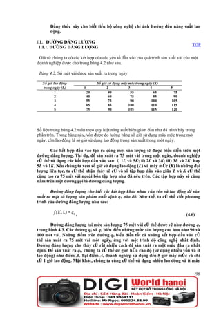 Đẳng thức này cho biết tiến bộ công nghệ chỉ ảnh hưởng đến năng suất lao
       động.

III. ĐƯỜNG ĐẲNG LƯỢNG
                                                                                      TOP
 III.1. ĐƯỜNG ĐẲNG LƯỢNG

 Giả sử chúng ta có các kết hợp của các yếu tố đầu vào của quá trình sản xuất vải của một
doanh nghiệp được cho trong bảng 4.2 như sau.

 Bảng 4.2. Số mét vải được sản xuất ra trong ngày

   Số giờ lao động                 Số giờ sử dụng máy móc trong ngày (K)
   trong ngày (L)         1              2            3            4       5
           1                  20          40           55            65     75
           2                  40          60           75            85     90
           3                  55          75           90           100    105
           4                  65          85          100           110    115
           5                  75          90          105           115    120




Số liệu trong bảng 4.2 tuân theo quy luật năng suất biên giảm dần như đã trình bày trong
phần trên. Trong bảng này, vốn được đo lường bằng số giờ sử dụng máy móc trong một
ngày, còn lao động là số giờ sử dụng lao động trong sản xuất trong một ngày.

       Các kết hợp đầu vào tạo ra cùng một sản lượng sẽ được biểu diễn trên một
đường đẳng lượng. Thí dụ, để sản xuất ra 75 mét vải trong một ngày, doanh nghiệp
có thể sử dụng các kết hợp đầu vào sau: i) 1L và 5K; ii) 2L và 3K; iii) 3L và 2K; hay
5L và 1K. Nếu chúng ta xem số giờ sử dụng lao động (L) và máy móc (K) là những đại
lượng liên tục, ta có thể nhận thấy sẽ có vô số tập hợp đầu vào giữa L và K có thể
cùng tạo ra 75 mét vải ngoài bốn tập hợp như đã nêu trên. Các tập hợp này sẽ cùng
nằm trên một đường gọi là đường đẳng lượng.

       Đường đẳng lượng cho biết các kết hợp khác nhau của vốn và lao động để sản
xuất ra một số lượng sản phẩm nhất định q 0 nào đó. Như thế, ta có thể viết phương
trình của đường đẳng lượng như sau:

                     .                                                             (4.6)

       Đường đẳng lượng tại mức sản lượng 75 mét vải có thể được vẽ như đường q0
trong hình 4.3. Các đường q2 và q3 biểu diễn những mức sản lượng cao hơn như 90 và
100 mét vải. Những điểm trên đường q0 biểu diễn tất cả những kết hợp đầu vào có
thể sản xuất ra 75 mét vải một ngày, ứng với một trình độ công nghệ nhất định.
Đường đẳng lượng cho thấy có rất nhiều cách để sản xuất ra một mức đầu ra nhất
định. Để sản xuất ra q0, chúng ta có thể cơ giới hóa cao độ (sử dụng nhiều vốn và ít
lao động) như điểm A. Tại điểm A, doanh nghiệp sử dụng đến 5 giờ máy móc và chỉ
có 1 giờ lao động. Mặt khác, chúng ta cũng có thể sử dụng nhiều lao động và ít máy

                                                                                           98
 