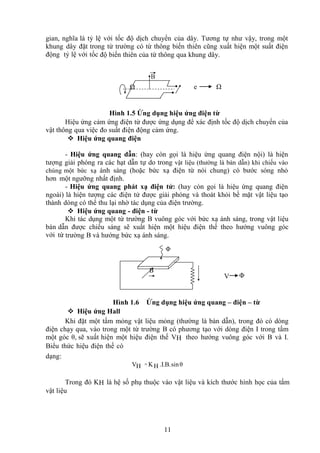 11
gian, nghĩa là tỷ lệ với tốc độ dịch chuyển của dây. Tương tự như vậy, trong một
khung dây đặt trong từ trường có từ thông biến thiên cũng xuất hiện một suất điện
động tỷ lệ với tốc độ biến thiên của từ thông qua khung dây.
Ω e Ω
Hình 1.5 Ứng dụng hiệu ứng điện từ
Hiệu ứng cảm ứng điện từ được ứng dụng để xác định tốc độ dịch chuyển của
vật thông qua việc đo suất điện động cảm ứng.
 Hiệu ứng quang điện
- Hiệu ứng quang dẫn: (hay còn gọi là hiệu ứng quang điện nội) là hiện
tượng giải phóng ra các hạt dẫn tự do trong vật liệu (thường là bán dẫn) khi chiếu vào
chúng một bức xạ ánh sáng (hoặc bức xạ điện từ nói chung) có bước sóng nhỏ
hơn một ngưỡng nhất định.
- Hiệu ứng quang phát xạ điện tử: (hay còn gọi là hiệu ứng quang điện
ngoài) là hiện tượng các điện tử được giải phóng và thoát khỏi bề mặt vật liệu tạo
thành dòng có thể thu lại nhờ tác dụng của điện trường.
 Hiệu ứng quang - điện - từ
Khi tác dụng một từ trường B vuông góc với bức xạ ánh sáng, trong vật liệu
bán dẫn được chiếu sáng sẽ xuất hiện một hiệu điện thế theo hướng vuông góc
với từ trường B và hướng bức xạ ánh sáng.
V Φ
Hình 1.6 Ứng dụng hiệu ứng quang – điện – từ
 Hiệu ứng Hall
Khi đặt một tấm mỏng vật liệu mỏng (thường là bán dẫn), trong đó có dòng
điện chạy qua, vào trong một từ trường B có phương tạo với dòng điện I trong tấm
một góc θ, sẽ xuất hiện một hiệu điện thế VH theo hướng vuông góc với B và I.
Biểu thức hiệu điện thế có
dạng:
VH = KH .I.B.sinθ
Trong đó KH là hệ số phụ thuộc vào vật liệu và kích thước hình học của tấm
vật liệu
Φ
B
B
 