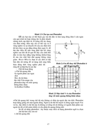 17
Hình 2.3 Cấu tạo cuả Photodiot
Để c¸c h¹t nµy cã thÓ tham gia vµo ®é dÉn vµ lµm tang dßng ®iÖn I cÇn ng¨n
c¶n qu¸ tr×nh t¸i hîp chóng tøc lµ ph¶i nhanh
chãng t¸ch cÆp ®iÖn tö, lç trèng díi t¸c dông
cña ®iÖn trêng. ®iÒu nµy chØ cã thÓ x¶y ra ë
vïng nghÌo vµ sù chuyÓn rêi cña c¸c ®iÖn tÝch
®ã kÐo theo sù gia tăng dßng ®iÖn ngîc Ir. ®Ó
®¹t ®îc ®iÒu ®ã ¸nh s¸ng ph¶i ®¹t tíi vïng
nghÌo sau khi ®· ®i qua bÒ dµy cña chÊt b¸n
dÉn vµ tiªu hao năng lîng kh«ng nhiÒu.Cµng
®i s©u vµo chÊt b¸n dÉn quang th«ng cµng
gi¶m (x)= 0.e-x thùc tÕ c¸c dièt cã líp
b¸n dÉn rÊt máng ®Ó sö dông ¸nh s¸ng hữu
hiÖu ®ång thêi vïng nghÌo ph¶i ®ñ
réng ®Ó sù hÊp thô lµ cùc ®¹i
- ChÕ ®é ho¹t ®éng
+ ChÕ ®é quang dÉn
Es nguån ph©n cùc ngîc
diot
Rm- ®o tÝn hiÖu
®Æc tÝnh V«n-ampe cña
photodiot øng víi møc quang
th«ng kh¸c nhau
Ir=Es/Rm+Vd/Rm
+ChÕ ®é quang thÕ: trong chÕ ®é nµy kh«ng cã ®iÖn ¸p ngoµi ®Æt vµo ®ièt. Photodiot
ho¹t ®éng gièng nh mét nguån dßng. Ngêi ta ®o thÕ hë m¹ch vµ dßng ng¾n m¹ch Voc
vµ Isc. ®Æc ®iÓm ë chÕ ®é nµy lµ kh«ng cã dßng tèi do kh«ng cã nguån ®iÖn ph©n cùc
ngoµi do ®ã cã thÓ gi¶m nhiÔu vµ cho phÐp ®o quang th«ng nhá
- S¬ ®å sö dông photodiot : tïy thuéc môc ®Ých sö dông photodiot ngêi ta chän
chÕ ®é lµm viÖc cho nã
+ chÕ ®é quang dÉn
Hình 2.4 Sơ đồ thay thế Photodiot ở
chế độ quang dẫn
Hình 2.5 Đặc tính V-A của Photodiot
ứng với mức quang thông khác nhau
 