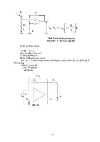18
S¬ ®å t¸c ®éng nhanh
V0=(R1+R2).Ir
®iÖn trë t¶i cña diot nhá
vµ b»ng (R1+R2) /k
K- hÖ sè khuÕch ®¹i ë tÇn sè
lµm viÖc, C2 cã t¸c dông bï trõ ¶nh hëng cña tô ký sinh Cp1 víi ®iÒu kiÖn R1
Cp1=R2C2
+ ChÕ ®é quang thÕ
S¬ ®å tuyÕn tÝnh
V0=Rm.Isc
-
+
Eb
Ir
Vo
R2
R1
CP1
C2
R1+R2
Hình 2.6 Sơ đồ ứng dụng của
Photodiot ở chế độ quang dẫn
 