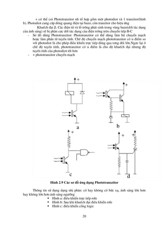 20
+ cã thÓ coi Phototranzitor nh tæ hîp gåm mét photodiot vµ 1 tranzitor(h×nh
b). Photodiot cung cÊp dßng quang ®iÖn t¹i bazo, cßn tranzitor cho hiÖu øng
KhuÕch ®¹i . C¸c ®iÖn tö vµ lç trèng ph¸t sinh trong vïng bazo(díi t¸c dông
cña ¸nh s¸ng) sÏ bÞ ph©n cùc díi t¸c dông cña ®iÖn trêng trªn chuyÓn tiÕp B-C
- S¬ ®å dïng Phototranzitor: Phototranzitor cã thÓ dïng lµm bé chuyÓn m¹ch
hoÆc lµm phÇn tö tuyÕn tÝnh. ChÕ ®é chuyÓn m¹ch phototranzitor cã u ®iÓm so
víi photodiot lµ cho phÐp ®iÒu khiÓn trùc tiÕp dßng qua t¬ng ®èi lín.Ngîc l¹i ë
chÕ ®é tuyÕn tÝnh, phototranzitor cã u ®iÓm lµ cho ®é khuÕch ®¹i nhưng ®é
tuyÕn tÝnh cña photodiot tèt h¬n
- + phototranzitor chuyÓn m¹ch
Hình 2.9 Các sơ đồ ứng dụng Phototranszitor
Th«ng tin sö dông d¹ng nhÞ ph©n: cã hay kh«ng cã bøc x¹, ¸nh s¸ng lín h¬n
hay kh«ng lín h¬n ¸nh s¸ng ngưìng
 H×nh a: ®iÒu khiÓn trùc tiÕp r¬le
 H×nh b: Sau khi khuÕch ®¹i ®iÒu khiÓn r¬le
 H×nh c: ®iÒu khiÓn cæng logic
a b
c d
 