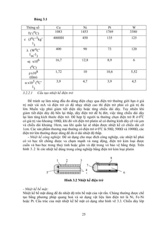 25
Bảng 3.1
3.2.2.1 Cấu tạo nhiệt kế điện trở
Để tránh sự làm nóng đầu đo dòng điện chạy qua điện trở thường giới hạn ở giá
trị một vài mA và điện trở có độ nhạy nhiệt cao thì điện trở phải có giá trị đủ
lớn. Muốn vậy phải giảm tiết diện dây hoặc tăng chiều dài dây. Tuy nhiên khi
giảm tiết diện dây độ bền lại thấp, dây điện trở dễ bị đứt, việc tăng chiều dài dây
lại làm tăng kích thước điện trở. Để hợp lý người ta thường chọn điện trở R ở 00
C
có giá trị vào khoảng 100Ω, khi đó với điện trở platin sẽ có đường kính dây cỡ vài μm
và chiều dài khoảng 10cm, sau khi quấn lại sẽ nhận được nhiệt kế có chiều dài cỡ
1cm. Các sản phẩm thương mại thường có điện trở ở 0o
C là 50Ω, 500Ω và 1000Ω, các
điện trở lớn thường được dùng để đo ở dải nhiệt độ thấp.
- Nhiệt kế công nghiệp: Để sử dụng cho mục đích công nghiệp, các nhiệt kế phải
có vỏ bọc tốt chống được va chạm mạnh và rung động, điện trở kim loại được
cuốn và bao bọc trong thuỷ tinh hoặc gốm và đặt trong vỏ bảo vệ bằng thép. Trên
hình 3.2 là các nhiệt kế dùng trong công nghiệp bằng điện trở kim loại platin
Hình 3.2 Nhiệt kế điện trở
- Nhiệt kế bề mặt:
Nhiệt kế bề mặt dùng để đo nhiệt độ trên bề mặt của vật rắn. Chúng thường được chế
tạo bằng phương pháp quang hoá và sử dụng vật liệu làm điện trở là Ni, Fe-Ni
hoặc Pt. Cấu trúc của một nhiệt kế bề mặt có dạng như hình vẽ 3.3. Chiều dày lớp
Thông số Cu Ni Pt W
Tf (oC) 1083 1453 1769 3380
c (JoC-1kg-
1)
400HH 450 135 125
λ (WoC-
1m-1)
400 90 73 120
αl x106
(oC)
16,7 12,8 8,9 6
ρx108
(Ωm)
1,72 10 10,6 5,52
α x103 (oC-
1)
3,9 4,7 3,9 4,5
1 2 3
8
6
5
7
4
4
 