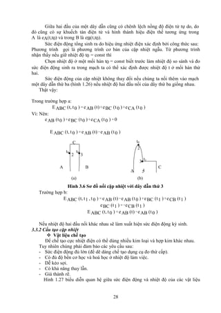 28
Giữa hai đầu của một dây dẫn cũng có chênh lệch nồng độ điện tử tự do, do
đó cũng có sự khuếch tán điện tử và hình thành hiệu điện thế tương ứng trong
A là eA(t,t0) và trong B là eB(t,t0).
Sức điện động tổng sinh ra do hiệu ứng nhiệt điện xác định bởi công thức sau:
Phương trình gọi là phương trình cơ bản của cặp nhiệt ngẫu. Từ phương trình
nhận thấy nếu giữ nhiệt độ t0 = const thì
Chọn nhiệt độ ở một mối hàn t0 = const biết trước làm nhiệt độ so sánh và đo
sức điện động sinh ra trong mạch ta có thể xác định được nhiệt độ t ở mối hàn thứ
hai.
Sức điện động của cặp nhiệt không thay đổi nếu chúng ta nối thêm vào mạch
một dây dẫn thứ ba (hình 1.26) nếu nhiệt độ hai đầu nối của dây thứ ba giống nhau.
Thật vậy:
Trong trường hợp a:
EABC (t, t0 ) = eAB (t) +eBC (t0 ) +eCA (t0 )
Vì: Nên:
eAB (t0 ) +eBC (t0 ) +eCA (t0 ) = 0
EABC (t, t0 ) = eAB (t) −eAB (t0 )
Hình 3.6 Sơ đồ nối cặp nhiệt với dây dẫn thứ 3
Trường hợp b:
E ABC (t, t1 , t0 ) = eAB (t) −eAB (t0 ) +eBC (t1 ) +eCB (t1 )
eBC (t1 ) = −eCB (t1 )
EABC (t, t0 ) = eAB (t) −eAB (t0 )
Nếu nhiệt độ hai đầu nối khác nhau sẽ làm xuất hiện sức điện động ký sinh.
3.3.2 Cấu tạo cặp nhiệt
 Vật liệu chế tạo
Để chế tạo cực nhiệt điện có thể dùng nhiều kim loại và hợp kim khác nhau.
Tuy nhiên chúng phải đảm bảo các yêu cầu sau:
- Sức điện động đủ lớn (để dẽ dàng chế tạo dụng cụ đo thứ cấp).
- Có đủ độ bền cơ học và hoá học ở nhiệt độ làm việc.
- Dễ kéo sợi.
- Có khả năng thay lẫn.
- Giá thành rẽ.
Hình 1.27 biểu diễn quan hệ giữa sức điện động và nhiệt độ của các vật liệu
A B C
 4
3
2
t0
t1
(a) (b)
C
t0 t0
2 3
 