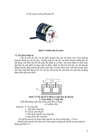 9
N- Sè xung ra trong thêi gian Tn
Hình 7.4 Hình ảnh Encoder
7.2 Tốc độ kế điện từ
Khi đo vận tốc dài với độ dịch chuyển lớn của vật khảo sát (>1m) thường
chuyển thành đo vận tốc góc. Trường hợp đo vận tốc của dịch chuyển thẳng nhỏ có
thể dùng cảm biến vận tốc dài gồm hai phần tử cơ bản : một nam châm và một cuộn
dây.Khi đo một phần tử được giữ cố định , phần tử thứ hai liên kết với vật chuyển
động.Chuyển động tương đối giữa cuộn dây và nam châm làm xuất hiện trong cuộn
dây một suất điện động tỉ lệ với vận tốc cần đo.Sơ đồ cảm biến có cuộn dây di động
được biểu diễn trên hình
Hình 7.5 Tốc độ kế từ điện có cuộn dây di chuyển
1- Nam châm, 2- Cuộn dây
Suất điện động xuất hiện trong cuộn dây có dạng
e=2rNBv=lBv
trong đó : N- số vòng dây
r- bán kính vòng dây
B- Giá trị cảm ứng từ
v- Tốc độ di chuyển của vòng dây
l- tổng chiều dài vòng dây
Tốc độ kế loại này đo được dịch chuyển vài mm với độ nhạy 1V/m.s
Khi độ dịch chuyển lớn hơn( tới 0.5m) người ta dùng tốc độ kế có nam châm di
động như hình 7.6
 
