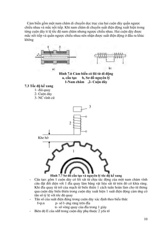 10
Cảm biến gồm một nam châm di chuyển dọc trục của hai cuộn dây quấn ngược
chiều nhau và mắc nối tiếp. Khi nam châm di chuyển suất điện động xuất hiện trong
từng cuộn dây tỉ lệ tốc độ nam châm nhưng ngược chiều nhau. Hai cuộn dây được
mắc nối tiếp và quấn ngược chiều nhau nên nhận được suất điện động ở đầu ra khác
không
Hình 7.6 Cảm biến có lõi từ di động
a, cấu tạo b, Sơ đồ nguyên lý
1-Nam châm ,2- Cuộn dây
7.3 Tốc độ kế xung
1- ®i· quay
2- Cuén d©y
3- NC vÜnh cö
Hình 7.7 Sơ đồ cấu tạo và nguyên lý tôc độ kế xung
- CÊu t¹o: gåm 1 cuén d©y cã lâi s¾t tõ chÞu t¸c ®éng cña mét nam ch©m vÜnh
cöu ®Æt ®èi diÖn víi 1 ®Üa quay lµm b»ng vËt liÖu s¾t tõ trªn ®ã cã khÝa r¨ng.
Khi ®Üa quay tõ trë cña m¹ch tõ biÕn thiªn 1 c¸ch tuÇn hoµn lµm cho tõ th«ng
qua cuén d©y biÕn thiªn trong cuén d©y xuÊt hiÖn 1 suÊt ®iÖn ®éng c¶m øng cã
tÇn sè tû lÖ víi tèc ®é quay
- TÇn sè cña suÊt ®iÖn ®éng trong cuén d©y x¸c ®Þnh theo biÓu thøc
f=p.n p- sè l-îng r¨ng trªn ®Üa
n- sè vßng quay cña ®Üa trong 1 gi©y
- Biªn ®é E cña s®® trong cuén d©y phô thuéc 2 yÕu tè
Khe hë
2
3
1
 
