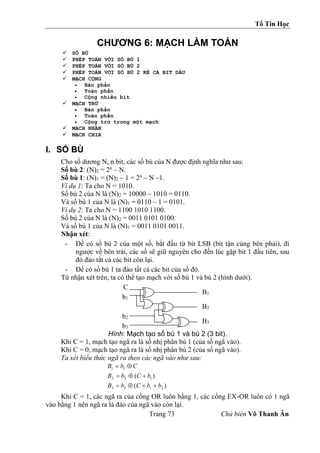 Tổ Tin Học
Trang 73 Chủ biên Võ Thanh Ân
CHƯƠNG 6: MẠCH LÀM TOÁN
 SỐ BÙ
 PHÉP TOÁN VỚI SỐ BÙ 1
 PHÉP TOÁN VỚI SỐ BÙ 2
 PHÉP TOÁN VỚI SỐ BÙ 2 KỂ CẢ BIT DẤU
 MẠCH CỘNG
 Bán phần
 Toàn phần
 Cộng nhiều bit
 MẠCH TRỪ
 Bán phần
 Toàn phần
 Cộng trừ trong một mạch
 MẠCH NHÂN
 MẠCH CHIA
I. SỐ BÙ
Cho số dương N, n bit, các số bù của N được định nghĩa như sau:
Số bù 2: (N)2 = 2n
– N.
Số bù 1: (N)1 = (N)2 – 1 = 2n
– N –1.
Ví dụ 1: Ta cho N = 1010.
Số bù 2 của N là (N)2 = 10000 – 1010 = 0110.
Và số bù 1 của N là (N)1 = 0110 – 1 = 0101.
Ví dụ 2: Ta cho N = 1100 1010 1100.
Số bù 2 của N là (N)2 = 0011 0101 0100.
Và số bù 1 của N là (N)1 = 0011 0101 0011.
Nhận xét:
- Để có số bù 2 của một số, bắt đầu từ bit LSB (bit tận cùng bên phải), đi
ngược về bên trái, các số sẽ giữ nguyên cho đến lúc gặp bit 1 đầu tiên, sau
đó đảo tất cả các bit còn lại.
- Để có số bù 1 ta đảo tất cả các bit của số đó.
Từ nhận xét trên, ta có thể tạo mạch với số bù 1 và bù 2 (hình dưới).
Hình: Mạch tạo số bù 1 và bù 2 (3 bit).
Khi C = 1, mạch tạo ngã ra là số nhị phân bù 1 (của số ngã vào).
Khi C = 0, mạch tạo ngã ra là số nhị phân bù 2 (của số ngã vào).
Ta xét biểu thức ngã ra theo các ngã vào như sau:
)
(
)
(
2
1
3
3
1
2
2
1
1
b
b
C
b
B
b
C
b
B
C
b
B









Khi C = 1, các ngã ra của cổng OR luôn bằng 1, các cổng EX-OR luôn có 1 ngã
vào bằng 1 nên ngã ra là đảo của ngã vào còn lại.
C
b1
b2
b3
B1
B2
B3
 