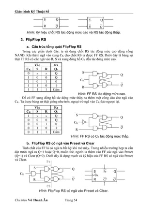 Giáo trình Kỹ Thuật Số
Chủ biên Võ Thanh Ân Trang 54
Hình: Ký hiệu chốt RS tác động mức cao và RS tác động thấp.
3. FlipFlop RS
a. Cấu trúc tổng quát FlipFlop RS
Trong các phần dưới đây, ta sử dụng chốt RS tác động mức cao dùng cổng
NAND. Khi thêm ngã vào xung CK cho chốt RS ta được FF RS. Dưới đây là bảng sự
thật FF RS có các ngã vào R, S và xung đồng hồ CK đều tác động mức cao.
Vào Ra
CK S R Q+
0   Q
1 0 0 Q
1 0 1 0
1 1 0 1
1 1 1 Cấm
Hình: FF RS tác động mức cao.
Để có FF xung đồng hồ tác động mức thấp, ta thêm một cổng đảo cho ngã vào
CK. Ta được bảng sự thật giống như trên, ngoại trừ ngã vào CK đảo ngược lại.
Vào Ra
CK S R Q+
1   Q
0 0 0 Q
0 0 1 0
0 1 0 1
0 1 1 Cấm
Hình: FF RS có CK tác động mức thấp.
b. FlipFlop RS có ngã vào Preset và Clear
Tính chất của FF là có ngã ra bất kỳ khi mở máy. Trong nhiều trường hợp ta cần
đặt trước ngã ra Q=1 hoặc Q=0, muốn thế, người ta thêm vào FF các ngã vào Preset
(Q=1) và Clear (Q=0). Dưới đây là dạng mạch và ký hiệu của FF RS có ngã vào Preset
và Clear.
Hình: FlipFlop RS có ngã vào Preset và Clear.
S Q
R Q
S Q
R Q
Q
Q
S
R
CK
Q
Q
S
R
CK
Q
Q
S
R
CK
Cl
Pr
S Pr Q
CK
R Cl Q
 