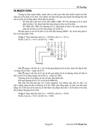 Tổ Tin Học
Trang 89 Chủ biên Võ Thanh Ân
IX.MẠCH CHIA
Tương tự như mạch nhân, mạch chia có thể xem như một chuỗi mạch trừ liên
tiếp của số bị chia và số chia. Tuy nhiên, tuỳ theo kết quả của mạch trừ dương hay âm
mà có cách xử lý khác nhau. Dưới đây là qui tắc:
- Số chia (SC) lớn hơn số bị chia (SBC) (SBC–SC<0), thương số là 0, dịch
phải số chia 1 bit, thực hiện bài toán cộng số chia và số bị chia.
- SC<SBC (SC–SBC>0), thương số là 1, dịch phải số chia 1 bit, thực hiện bài
toán trừ số chia và số bị chia (cộng với số bù 2).
Để đơn giản, ta xét số bị chia và số chia đều dương (MSB = 0), số bị chia gồm 6
bit và số chia gồm 4 bit.
Ví dụ 1: Thực hiện bài toán 2110 = 0101012 chia 710 = 01112.
Số bù 2 của 710 = 01112 là (0111)2 = 1001.
0 1 0 1 0 1
1 0 0 1
0 1 1 1 0 0
 0 1 1 1
1 0 0 1 1 1
 1 0 0 1
1 0 0 0 0
Số dư
0 1 1
Thương
Dấu  trong ô chỉ lên số 1, tức là kết quả phép trừ là số âm, bước kế tiếp là dời
và cộng với số chia – cộng với 0111.
Dấu  trong ô chỉ lên số 0, tức là kết quả phép trừ là số dương, bước kế tiếp là
dời và trừ với số chia (cộng với số bù 2) – cộng với 1001.
Thương số là số có được từ các số tràn, như hình trên.
Kết quả thương là 011 (3) và số dư là 0000 (0).
Bài toán trên cho kết quả với 3 mức cộng/trừ. Tuy nhiên, nếu chia 21 cho 1 ta
cần 6 phép cộng trừ để có thương số 6 bit. Một cách tổng quát, số mức của bài toán
bằng với số bit của số bị chia (ta có thể thêm vào phép chia trên 3 số 0 trước số bị chia
để có được thương số là 6 bit).
Ví dụ 2: Thực hiện bài toán 2110 = 0101012 chia 610 = 01102.
Số bù 2 của 610 = 01112 là (0111)2 = 1010.
 