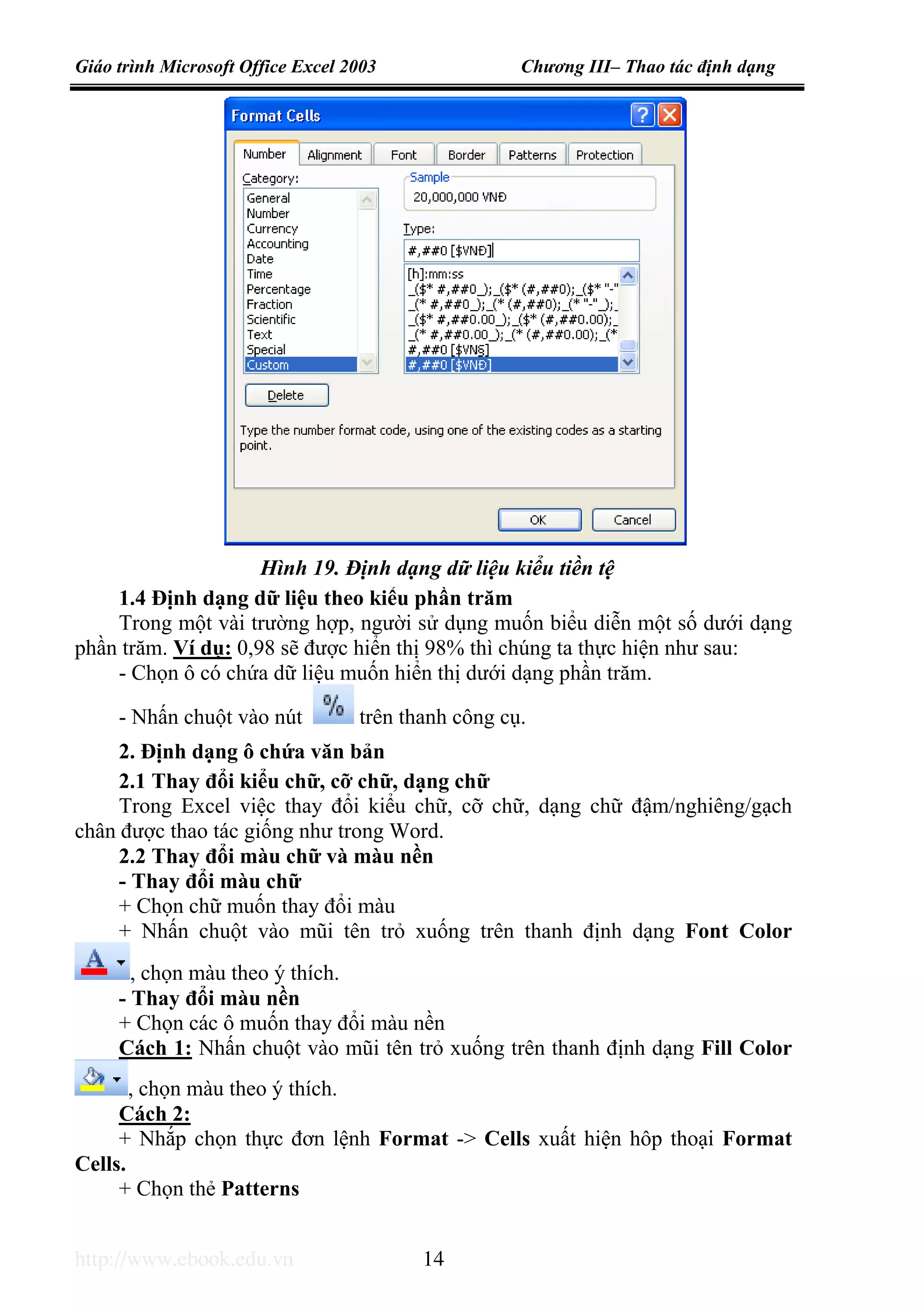 Giáo trình Microsoft Office Excel 2003 Chương III– Thao tác định dạng
http://www.ebook.edu.vn 14
1.4 Định dạng dữ liệu theo kiểu phần trăm
Trong một vài trường hợp, người sử dụng muốn biểu diễn một số dưới dạng
phần trăm. Ví dụ: 0,98 sẽ được hiển thị 98% thì chúng ta thực hiện như sau:
- Chọn ô có chứa dữ liệu muốn hiển thị dưới dạng phần trăm.
- Nhấn chuột vào nút trên thanh công cụ.
2. Định dạng ô chứa văn bản
2.1 Thay đổi kiểu chữ, cỡ chữ, dạng chữ
Trong Excel việc thay đổi kiểu chữ, cỡ chữ, dạng chữ đậm/nghiêng/gạch
chân được thao tác giống như trong Word.
2.2 Thay đổi màu chữ và màu nền
- Thay đổi màu chữ
+ Chọn chữ muốn thay đổi màu
+ Nhấn chuột vào mũi tên trỏ xuống trên thanh định dạng Font Color
, chọn màu theo ý thích.
- Thay đổi màu nền
+ Chọn các ô muốn thay đổi màu nền
Cách 1: Nhấn chuột vào mũi tên trỏ xuống trên thanh định dạng Fill Color
, chọn màu theo ý thích.
Cách 2:
+ Nhắp chọn thực đơn lệnh Format -> Cells xuất hiện hôp thoại Format
Cells.
+ Chọn thẻ Patterns
Hình 19. Định dạng dữ liệu kiểu tiền tệ
 
