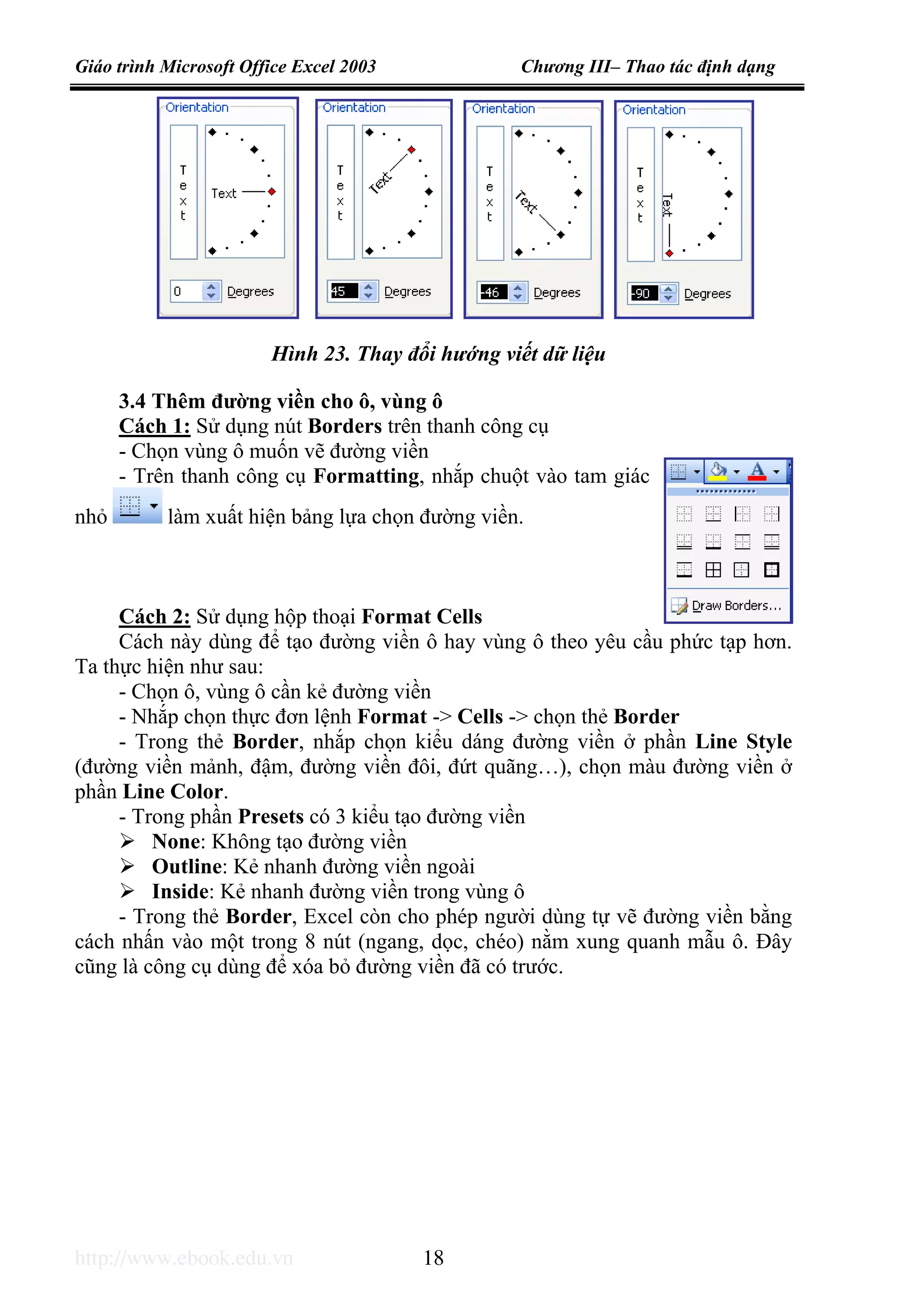 Giáo trình Microsoft Office Excel 2003 Chương III– Thao tác định dạng
http://www.ebook.edu.vn 18
3.4 Thêm đường viền cho ô, vùng ô
Cách 1: Sử dụng nút Borders trên thanh công cụ
- Chọn vùng ô muốn vẽ đường viền
- Trên thanh công cụ Formatting, nhắp chuột vào tam giác
nhỏ làm xuất hiện bảng lựa chọn đường viền.
Cách 2: Sử dụng hộp thoại Format Cells
Cách này dùng để tạo đường viền ô hay vùng ô theo yêu cầu phức tạp hơn.
Ta thực hiện như sau:
- Chọn ô, vùng ô cần kẻ đường viền
- Nhắp chọn thực đơn lệnh Format -> Cells -> chọn thẻ Border
- Trong thẻ Border, nhắp chọn kiểu dáng đường viền ở phần Line Style
(đường viền mảnh, đậm, đường viền đôi, đứt quãng…), chọn màu đường viền ở
phần Line Color.
- Trong phần Presets có 3 kiểu tạo đường viền
None: Không tạo đường viền
Outline: Kẻ nhanh đường viền ngoài
Inside: Kẻ nhanh đường viền trong vùng ô
- Trong thẻ Border, Excel còn cho phép người dùng tự vẽ đường viền bằng
cách nhấn vào một trong 8 nút (ngang, dọc, chéo) nằm xung quanh mẫu ô. Đây
cũng là công cụ dùng để xóa bỏ đường viền đã có trước.
Hình 23. Thay đổi hướng viết dữ liệu
 