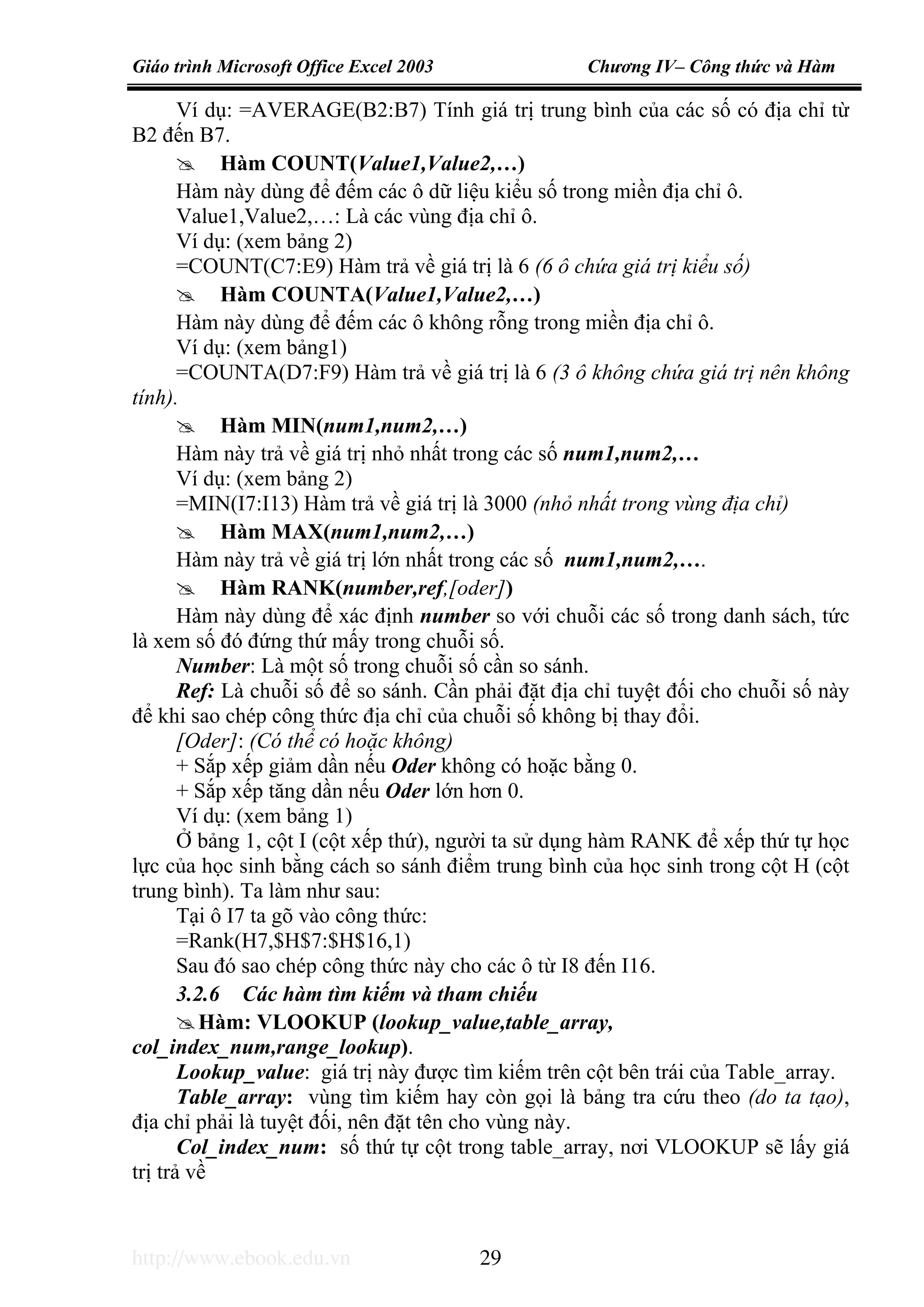 Giáo trình Microsoft Office Excel 2003 Chương IV– Công thức và Hàm
http://www.ebook.edu.vn 29
Ví dụ: =AVERAGE(B2:B7) Tính giá trị trung bình của các số có địa chỉ từ
B2 đến B7.
Hàm COUNT(Value1,Value2,…)
Hàm này dùng để đếm các ô dữ liệu kiểu số trong miền địa chỉ ô.
Value1,Value2,…: Là các vùng địa chỉ ô.
Ví dụ: (xem bảng 2)
=COUNT(C7:E9) Hàm trả về giá trị là 6 (6 ô chứa giá trị kiểu số)
Hàm COUNTA(Value1,Value2,…)
Hàm này dùng để đếm các ô không rỗng trong miền địa chỉ ô.
Ví dụ: (xem bảng1)
=COUNTA(D7:F9) Hàm trả về giá trị là 6 (3 ô không chứa giá trị nên không
tính).
Hàm MIN(num1,num2,…)
Hàm này trả về giá trị nhỏ nhất trong các số num1,num2,…
Ví dụ: (xem bảng 2)
=MIN(I7:I13) Hàm trả về giá trị là 3000 (nhỏ nhất trong vùng địa chỉ)
Hàm MAX(num1,num2,…)
Hàm này trả về giá trị lớn nhất trong các số num1,num2,….
Hàm RANK(number,ref,[oder])
Hàm này dùng để xác định number so với chuỗi các số trong danh sách, tức
là xem số đó đứng thứ mấy trong chuỗi số.
Number: Là một số trong chuỗi số cần so sánh.
Ref: Là chuỗi số để so sánh. Cần phải đặt địa chỉ tuyệt đối cho chuỗi số này
để khi sao chép công thức địa chỉ của chuỗi số không bị thay đổi.
[Oder]: (Có thể có hoặc không)
+ Sắp xếp giảm dần nếu Oder không có hoặc bằng 0.
+ Sắp xếp tăng dần nếu Oder lớn hơn 0.
Ví dụ: (xem bảng 1)
Ở bảng 1, cột I (cột xếp thứ), người ta sử dụng hàm RANK để xếp thứ tự học
lực của học sinh bằng cách so sánh điểm trung bình của học sinh trong cột H (cột
trung bình). Ta làm như sau:
Tại ô I7 ta gõ vào công thức:
=Rank(H7,$H$7:$H$16,1)
Sau đó sao chép công thức này cho các ô từ I8 đến I16.
3.2.6 Các hàm tìm kiếm và tham chiếu
Hàm: VLOOKUP (lookup_value,table_array,
col_index_num,range_lookup).
Lookup_value: giá trị này được tìm kiếm trên cột bên trái của Table_array.
Table_array: vùng tìm kiếm hay còn gọi là bảng tra cứu theo (do ta tạo),
địa chỉ phải là tuyệt đối, nên đặt tên cho vùng này.
Col_index_num: số thứ tự cột trong table_array, nơi VLOOKUP sẽ lấy giá
trị trả về
 