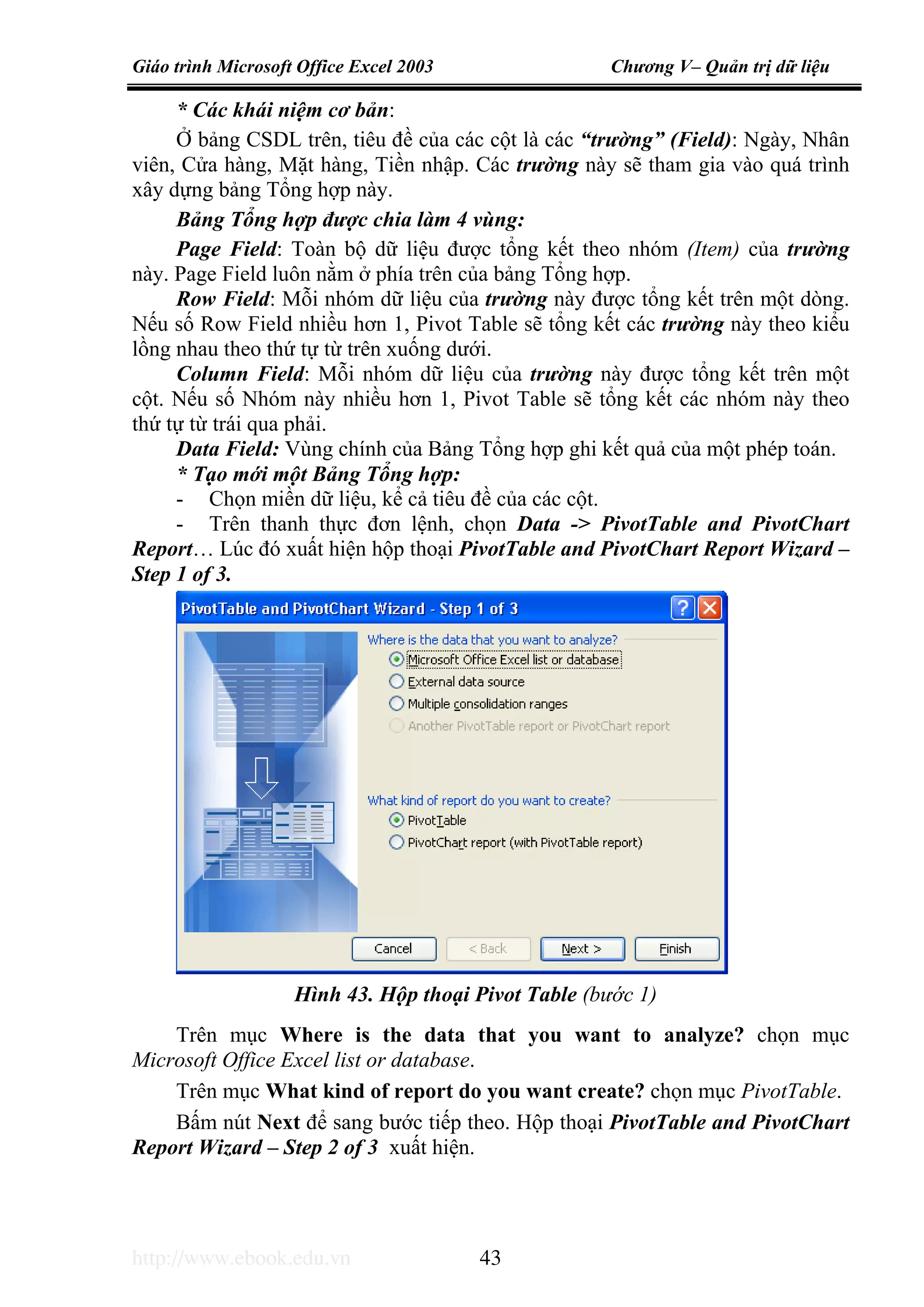Giáo trình Microsoft Office Excel 2003 Chương V– Quản trị dữ liệu
http://www.ebook.edu.vn 43
* Các khái niệm cơ bản:
Ở bảng CSDL trên, tiêu đề của các cột là các “trường” (Field): Ngày, Nhân
viên, Cửa hàng, Mặt hàng, Tiền nhập. Các trường này sẽ tham gia vào quá trình
xây dựng bảng Tổng hợp này.
Bảng Tổng hợp được chia làm 4 vùng:
Page Field: Toàn bộ dữ liệu được tổng kết theo nhóm (Item) của trường
này. Page Field luôn nằm ở phía trên của bảng Tổng hợp.
Row Field: Mỗi nhóm dữ liệu của trường này được tổng kết trên một dòng.
Nếu số Row Field nhiều hơn 1, Pivot Table sẽ tổng kết các trường này theo kiểu
lồng nhau theo thứ tự từ trên xuống dưới.
Column Field: Mỗi nhóm dữ liệu của trường này được tổng kết trên một
cột. Nếu số Nhóm này nhiều hơn 1, Pivot Table sẽ tổng kết các nhóm này theo
thứ tự từ trái qua phải.
Data Field: Vùng chính của Bảng Tổng hợp ghi kết quả của một phép toán.
* Tạo mới một Bảng Tổng hợp:
- Chọn miền dữ liệu, kể cả tiêu đề của các cột.
- Trên thanh thực đơn lệnh, chọn Data -> PivotTable and PivotChart
Report… Lúc đó xuất hiện hộp thoại PivotTable and PivotChart Report Wizard –
Step 1 of 3.
Trên mục Where is the data that you want to analyze? chọn mục
Microsoft Office Excel list or database.
Trên mục What kind of report do you want create? chọn mục PivotTable.
Bấm nút Next để sang bước tiếp theo. Hộp thoại PivotTable and PivotChart
Report Wizard – Step 2 of 3 xuất hiện.
Hình 43. Hộp thoại Pivot Table (bước 1)
 