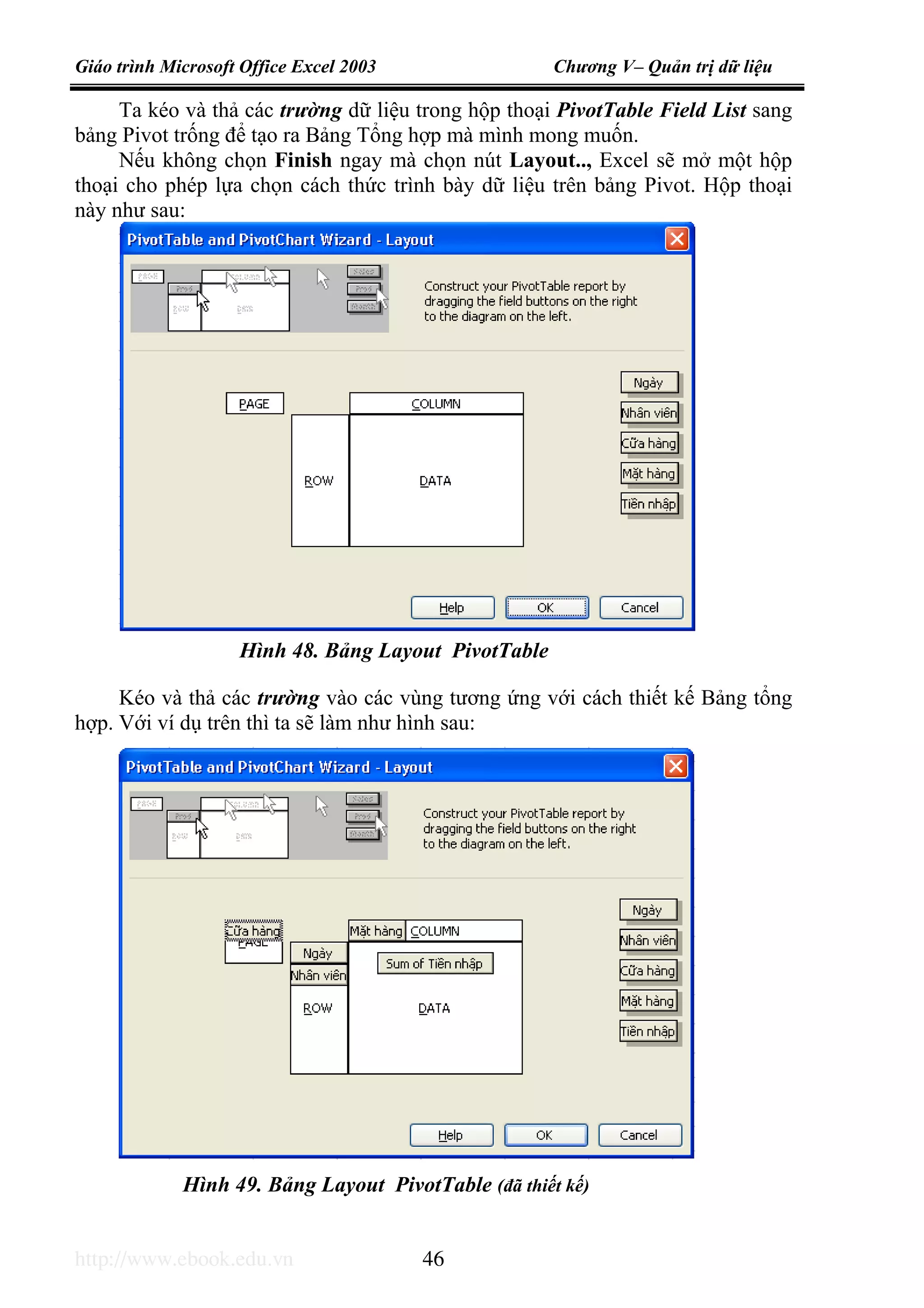 Giáo trình Microsoft Office Excel 2003 Chương V– Quản trị dữ liệu
http://www.ebook.edu.vn 46
Ta kéo và thả các trường dữ liệu trong hộp thoại PivotTable Field List sang
bảng Pivot trống để tạo ra Bảng Tổng hợp mà mình mong muốn.
Nếu không chọn Finish ngay mà chọn nút Layout.., Excel sẽ mở một hộp
thoại cho phép lựa chọn cách thức trình bày dữ liệu trên bảng Pivot. Hộp thoại
này như sau:
Kéo và thả các trường vào các vùng tương ứng với cách thiết kế Bảng tổng
hợp. Với ví dụ trên thì ta sẽ làm như hình sau:
Hình 48. Bảng Layout PivotTable
Hình 49. Bảng Layout PivotTable (đã thiết kế)
 