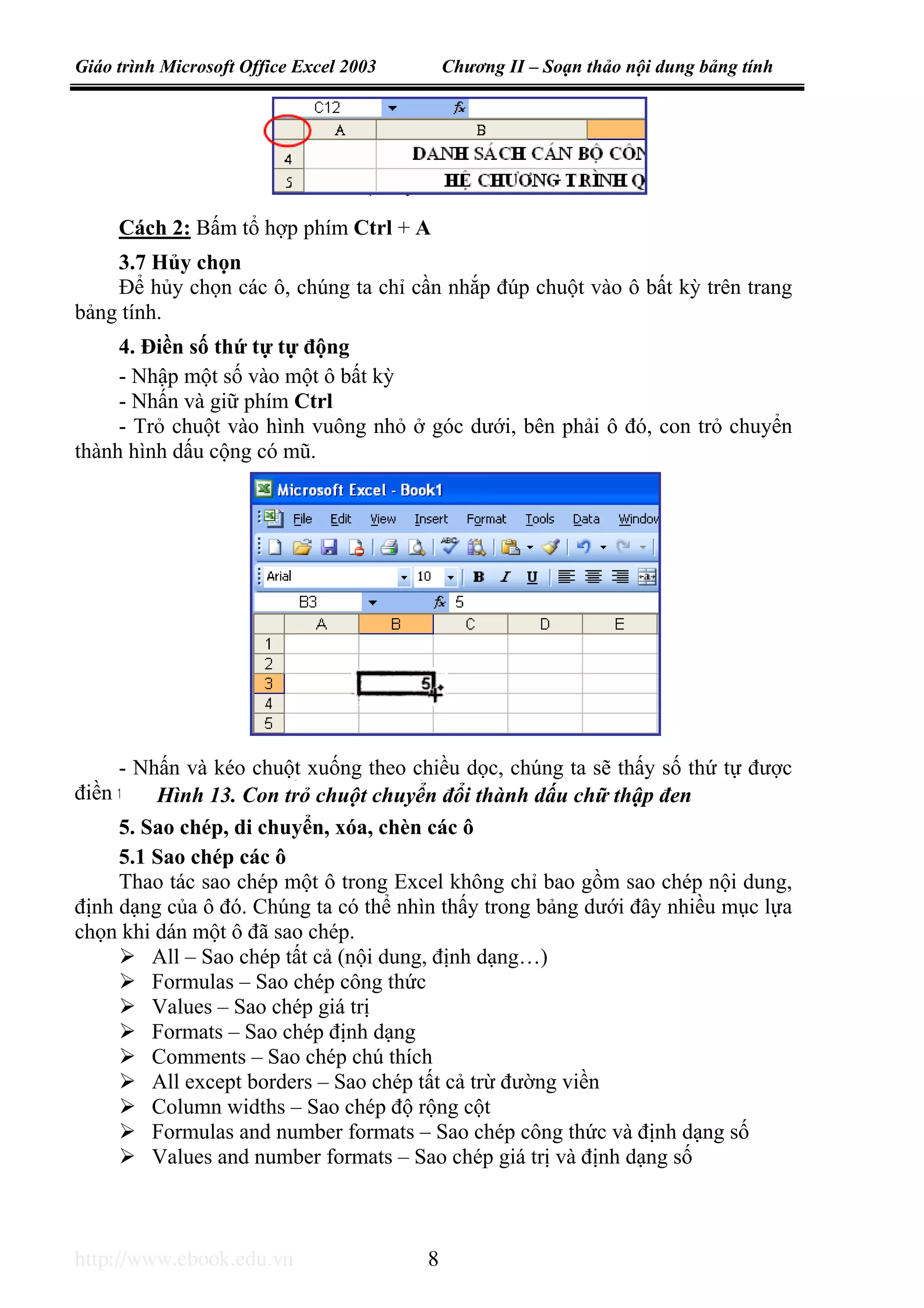 Giáo trình Microsoft Office Excel 2003 Chương II – Soạn thảo nội dung bảng tính
http://www.ebook.edu.vn 8
Cách 2: Bấm tổ hợp phím Ctrl + A
3.7 Hủy chọn
Để hủy chọn các ô, chúng ta chỉ cần nhắp đúp chuột vào ô bất kỳ trên trang
bảng tính.
4. Điền số thứ tự tự động
- Nhập một số vào một ô bất kỳ
- Nhấn và giữ phím Ctrl
- Trỏ chuột vào hình vuông nhỏ ở góc dưới, bên phải ô đó, con trỏ chuyển
thành hình dấu cộng có mũ.
- Nhấn và kéo chuột xuống theo chiều dọc, chúng ta sẽ thấy số thứ tự được
điền tự động vào các ô tiếp theo, tăng dần.
5. Sao chép, di chuyển, xóa, chèn các ô
5.1 Sao chép các ô
Thao tác sao chép một ô trong Excel không chỉ bao gồm sao chép nội dung,
định dạng của ô đó. Chúng ta có thể nhìn thấy trong bảng dưới đây nhiều mục lựa
chọn khi dán một ô đã sao chép.
All – Sao chép tất cả (nội dung, định dạng…)
Formulas – Sao chép công thức
Values – Sao chép giá trị
Formats – Sao chép định dạng
Comments – Sao chép chú thích
All except borders – Sao chép tất cả trừ đường viền
Column widths – Sao chép độ rộng cột
Formulas and number formats – Sao chép công thức và định dạng số
Values and number formats – Sao chép giá trị và định dạng số
Hình 13. Con trỏ chuột chuyển đổi thành dấu chữ thập đen
 