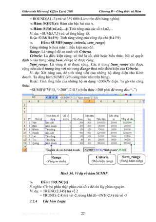 Giáo trình Microsoft Office Excel 2003 Chương IV– Công thức và Hàm
http://www.ebook.edu.vn 27
= ROUND(A1,-3) trả về 359 000 (Làm tròn đến hàng nghìn)
Hàm: SQRT(x): Hàm căn bậc hai của x.
Hàm: SUM(n1,n2,…): Tính tổng của các số n1,n2,…
Ví dụ: =SUM(5,7,3) trả về tổng bằng 15.
Hoặc SUM(B4:E9): Tính tổng vùng của vùng địa chỉ (B4:E9)
Hàm: SUMIF(range, criteria, sum_range)
Cộng những ô thoả mãn 1 điều kiện nào đó.
Range: Là vùng ô để so sánh với Criteria.
Criteria: Là điều kiện cộng, có thể là số, chữ hoặc biểu thức. Nó sẽ quyết
định ô nào trong vùng Sum_range sẽ được cộng.
Sum_range: Là vùng ô sẽ được cộng. Các ô trong Sum_range chỉ được
cộng nếu các ô tương ứng với nó trong Range thoả mãn điều kiện của Criteria.
Ví dụ: Xét bảng sau, để tính tổng tiền của những hộ dùng điện cho Kinh
doanh. Ta dùng hàm SUMIF (với công thức như trên bảng).
Hoặc: Tính tổng tiền của những hộ sử dụng >200KW điện. Ta gõ vào công
thức:
=SUMIF(F7:F13, “>200”,I7:I13) (biểu thức >200 phải để trong dấu “..”)
Hàm: TRUNC(x)
Ý nghĩa: Cắt bỏ phần thập phân của số x để chỉ lấy phần nguyên.
Ví dụ: = TRUNC(2.345) trả về 2
= TRUNC(-2.4) trả về -2, trong khi đó =INT(-2.4) trả về -3
3.2.4 Các hàm Logic
Hình 30. Ví dụ về hàm SUMIF
Range
(Vùng so sánh)
Criteria
(Điều kiện cộng)
Sum_range
(Vùng được cộng)
 