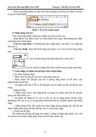 Giáo trình Microsoft Office Excel 2003 Chương I - Bắt đầu với Excel 2003
http://www.ebook.edu.vn 4
- Trên trang hiện hành, tại một thời điểm chúng ta chỉ thao tác được với một
ô, gọi là ô hiện hành.
6. Nhận dạng con trỏ
Trên trang hiện hành, chúng ta sẽ thấy các loại con trỏ sau:
- Con trỏ ô: Xác định ô nào là ô hiện hành trên trang. Một đường bao đậm
xuất hiện trên ô hiện hành.
- Con trỏ soạn thảo: Có hình│màu đen, nhấp nháy, xác định vị trí nhập dữ
liệu cho ô.
- Con trỏ chuột: Thay đổi hình dạng tùy thuộc vị trí của nó trên trang bảng
tính.
Con trỏ chuột dạng chữ thập trắng khi ở trên các ô.
Con trỏ chuột có dạng chữ I khi ở phía trong ô đang soạn thảo.
7. Cách nhập và chỉnh sửa dữ liệu trên ô hiện hành
- Các phím thường dùng
+ Phím Tab: Di chuyển con trỏ ô sang phải một cột
+ Phím Enter: Di chuyển con trỏ ô xuống dòng dưới và kết thúc việc
nhập/chỉnh sửa dữ liệu.
+ Các phím mũi tên ←↑↓→: Di chuyển con trỏ ô đến các địa chỉ bất kỳ trên
trang.
- Nhập dữ liệu:
+ Nhắp chuột vào ô cần nhập hoặc sử dụng các phím mũi tên để chuyển
trạng thái hiện hành về ô.
+ Gõ phím để nhập kí tự vào ô, nếu sai thì sử dụng phím Delete hoặc
Backspace để xóa kí tự, sử dụng phím Home/End để di chuyển nhanh trên dòng
nhập
+ Nhấn phím ESC nếu muốn kêt thúc nhập nhưng không lấy dữ liệu đã
nhập. Nhấn phím Enter để đưa dữ liệu cho ô và kết thúc nhập.
- Chỉnh sửa dữ liệu:
Để chỉnh sửa dữ liệu đã nhập trên một ô, chúng ta nhắp đúp chuột vào ô đó
rồi chỉnh sửa dữ liệu. Nhấn phím Enter để kết thúc chỉnh sửa.
Hình 7. Ô A1 là ô hiện hành
 