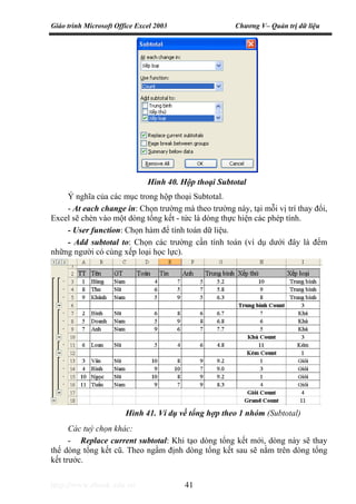 Giáo trình Microsoft Office Excel 2003 Chương V– Quản trị dữ liệu
http://www.ebook.edu.vn 41
Ý nghĩa của các mục trong hộp thoại Subtotal.
- At each change in: Chọn trường mà theo trường này, tại mỗi vị trí thay đổi,
Excel sẽ chèn vào một dòng tổng kết - tức là dòng thực hiện các phép tính.
- User function: Chọn hàm để tính toán dữ liệu.
- Add subtotal to: Chọn các trường cần tính toán (ví dụ dưới đây là đếm
những người có cùng xếp loại học lực).
Các tuỳ chọn khác:
- Replace current subtotal: Khi tạo dòng tổng kết mới, dòng này sẽ thay
thế dòng tổng kết cũ. Theo ngầm định dòng tổng kết sau sẽ nằm trên dòng tổng
kết trước.
Hình 40. Hộp thoại Subtotal
Hình 41. Ví dụ về tổng hợp theo 1 nhóm (Subtotal)
 