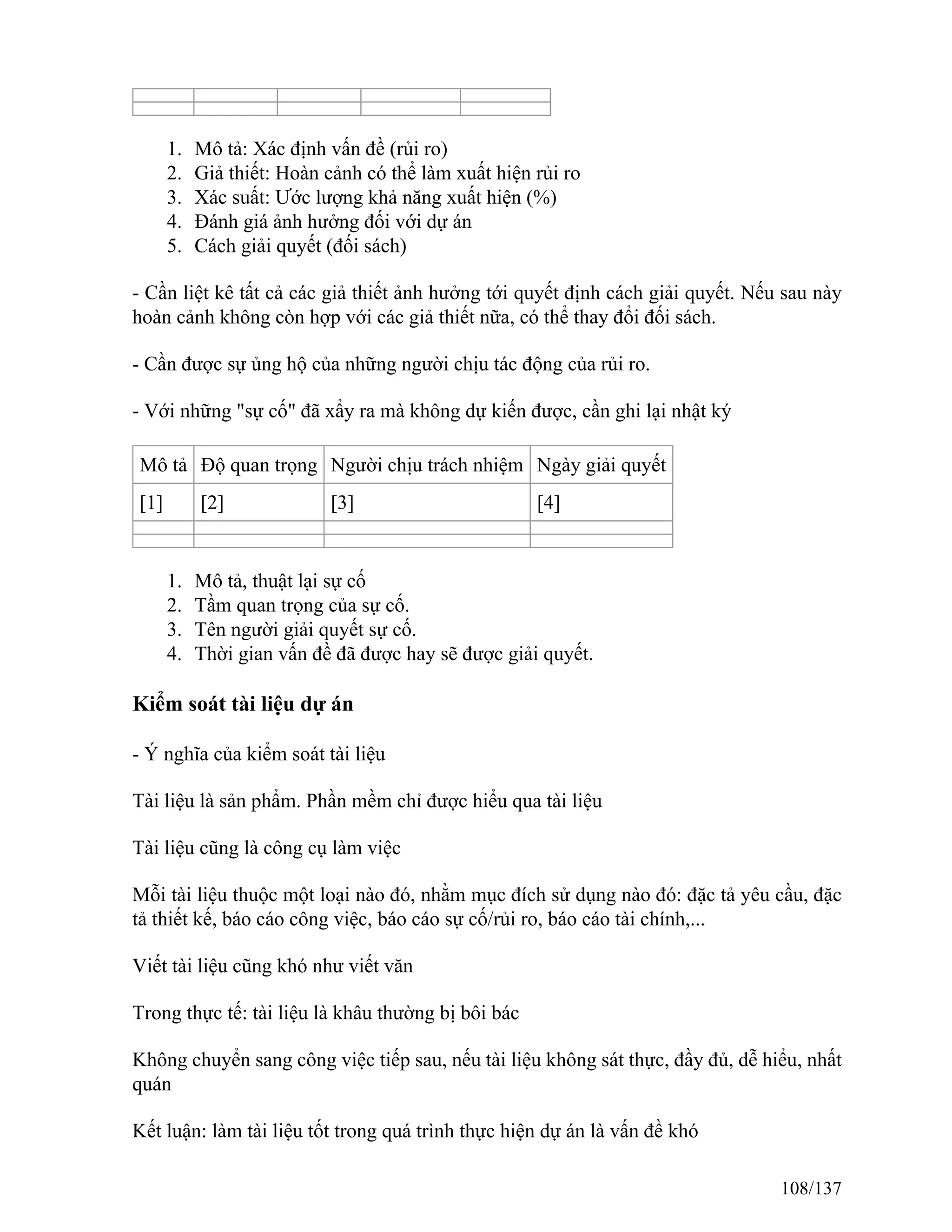 1. Mô tả: Xác định vấn đề (rủi ro)
2. Giả thiết: Hoàn cảnh có thể làm xuất hiện rủi ro
3. Xác suất: Ước lượng khả năng xuất hiện (%)
4. Đánh giá ảnh hưởng đối với dự án
5. Cách giải quyết (đối sách)
- Cần liệt kê tất cả các giả thiết ảnh hưởng tới quyết định cách giải quyết. Nếu sau này
hoàn cảnh không còn hợp với các giả thiết nữa, có thể thay đổi đối sách.
- Cần được sự ủng hộ của những người chịu tác động của rủi ro.
- Với những "sự cố" đã xẩy ra mà không dự kiến được, cần ghi lại nhật ký
Mô tả Độ quan trọng Người chịu trách nhiệm Ngày giải quyết
[1] [2] [3] [4]
1. Mô tả, thuật lại sự cố
2. Tầm quan trọng của sự cố.
3. Tên người giải quyết sự cố.
4. Thời gian vấn đề đã được hay sẽ được giải quyết.
Kiểm soát tài liệu dự án
- Ý nghĩa của kiểm soát tài liệu
Tài liệu là sản phẩm. Phần mềm chỉ được hiểu qua tài liệu
Tài liệu cũng là công cụ làm việc
Mỗi tài liệu thuộc một loại nào đó, nhằm mục đích sử dụng nào đó: đặc tả yêu cầu, đặc
tả thiết kế, báo cáo công việc, báo cáo sự cố/rủi ro, báo cáo tài chính,...
Viết tài liệu cũng khó như viết văn
Trong thực tế: tài liệu là khâu thường bị bôi bác
Không chuyển sang công việc tiếp sau, nếu tài liệu không sát thực, đầy đủ, dễ hiểu, nhất
quán
Kết luận: làm tài liệu tốt trong quá trình thực hiện dự án là vấn đề khó
108/137
 
