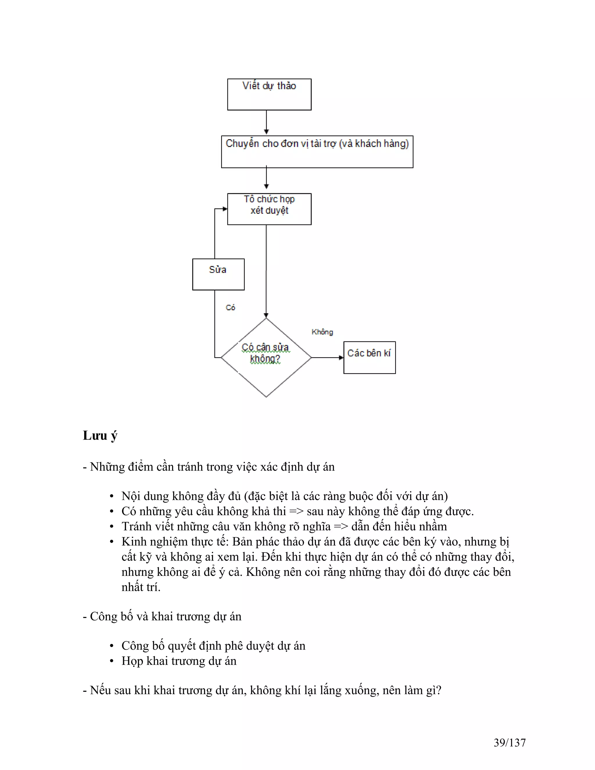 Lưu ý
- Những điểm cần tránh trong việc xác định dự án
• Nội dung không đầy đủ (đặc biệt là các ràng buộc đối với dự án)
• Có những yêu cầu không khả thi => sau này không thể đáp ứng được.
• Tránh viết những câu văn không rõ nghĩa => dẫn đến hiểu nhầm
• Kinh nghiệm thực tế: Bản phác thảo dự án đã được các bên ký vào, nhưng bị
cất kỹ và không ai xem lại. Đến khi thực hiện dự án có thể có những thay đổi,
nhưng không ai để ý cả. Không nên coi rằng những thay đổi đó được các bên
nhất trí.
- Công bố và khai trương dự án
• Công bố quyết định phê duyệt dự án
• Họp khai trương dự án
- Nếu sau khi khai trương dự án, không khí lại lắng xuống, nên làm gì?
39/137
 